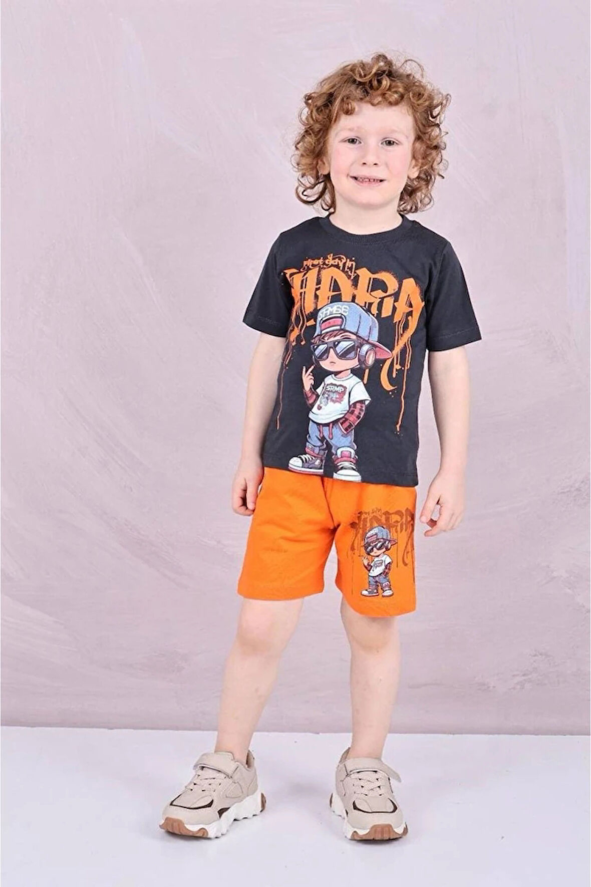 PJKSKT Rapçı Çocuk Desenli Turuncu Şortlu Erkek Çocuk Kısa Kol Takım 7584-T