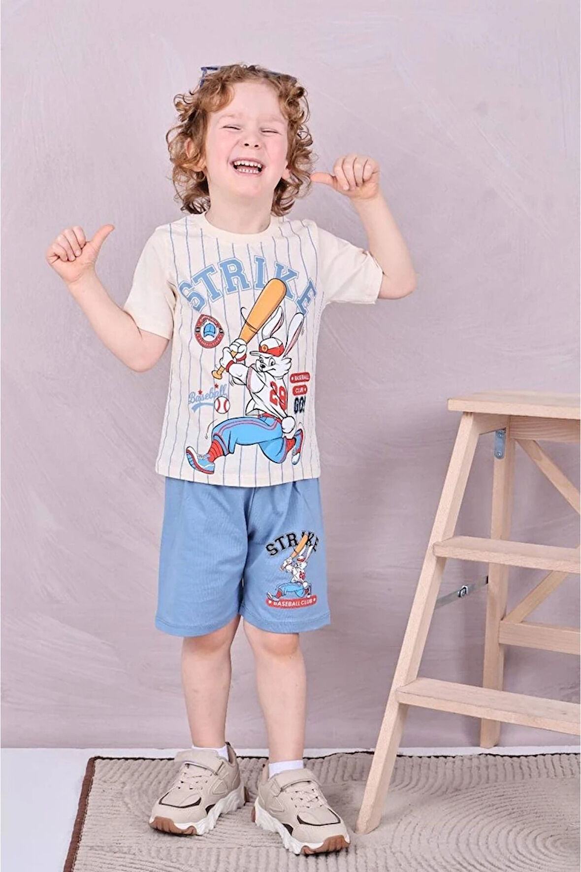 PJKSKT Tavşan Strike Desenli Mavi Şortlu Erkek Çocuk Kısa Kol Takım 7591-M