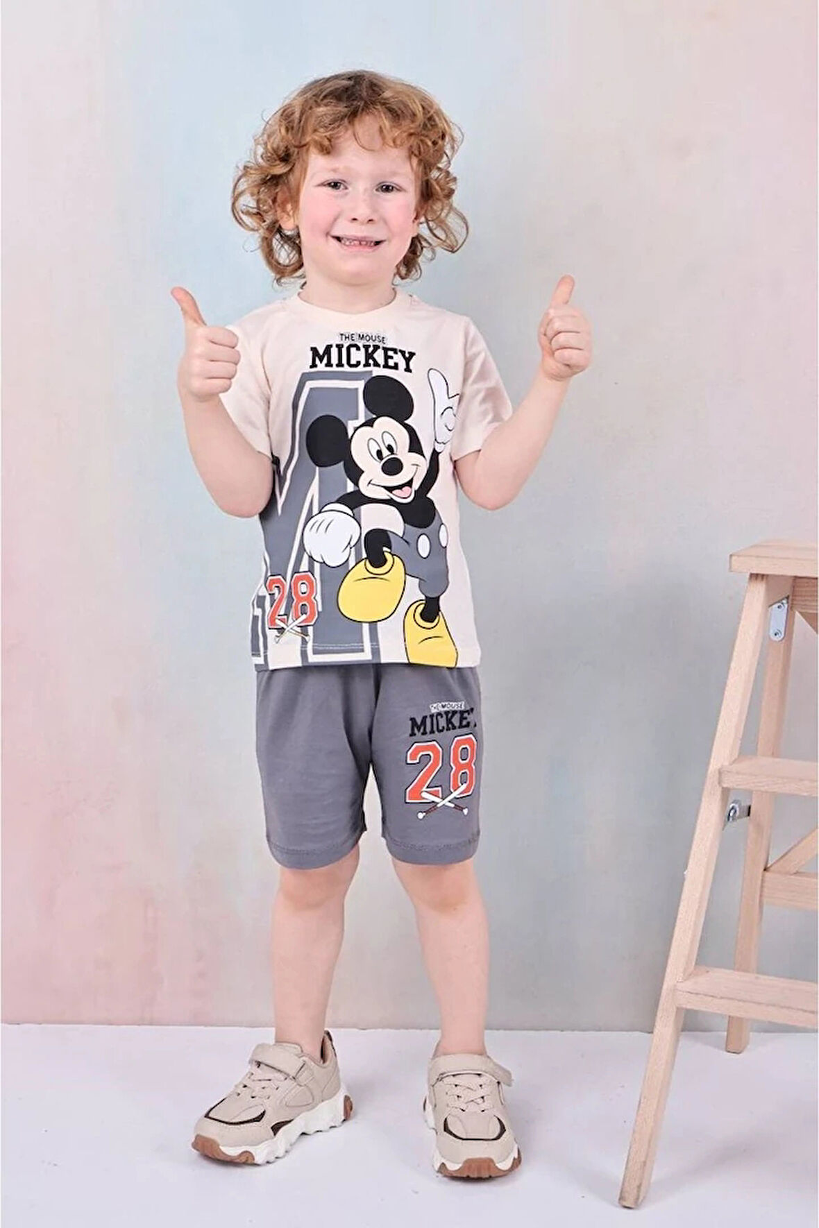 PJKSKT Mickey Mause  Desenli Füme Şortlu Erkek Çocuk Kısa Kol Takım 7597-F