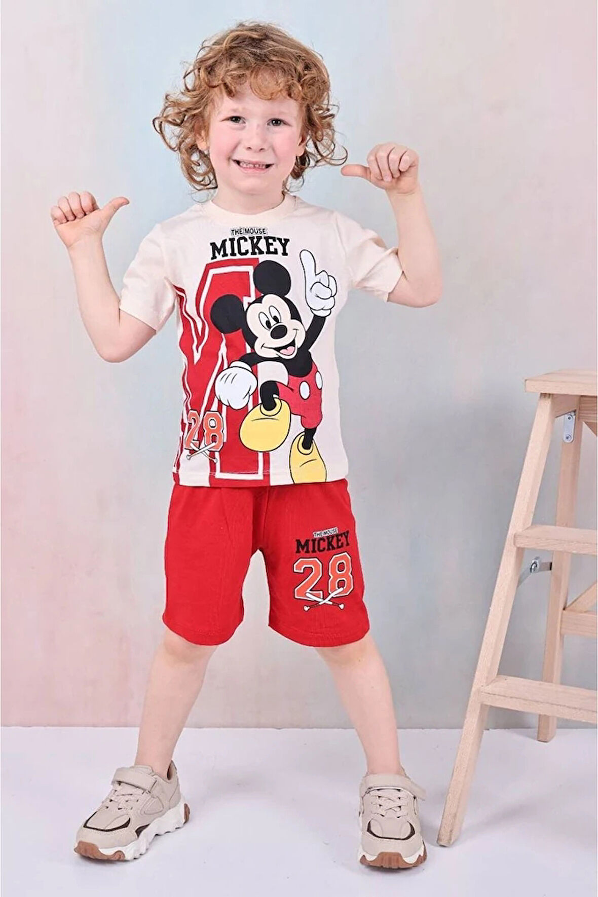 PJKSKT Mickey Mause Desenli Kırmızı Şortlu Erkek Çocuk Kısa Kol Takım 7597-K