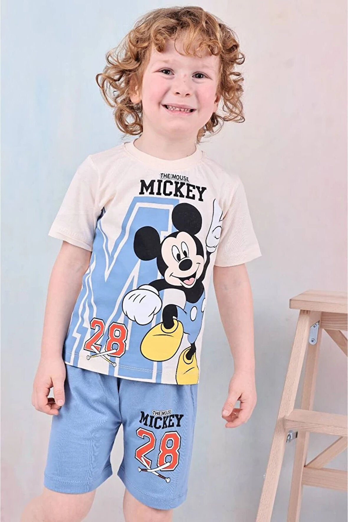 PJKSKT Mickey Mause  Desenli Mavi Şortlu Erkek Çocuk Kısa Kol Takım 7597-M
