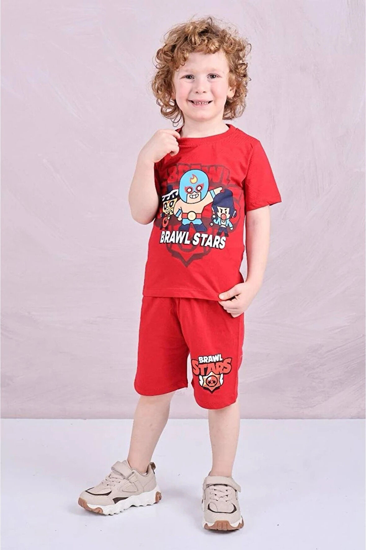 PJKSKT Brawl Star Desenli Kırmızı Şortlu Erkek Çocuk Kısa Kol Takım 7598-K