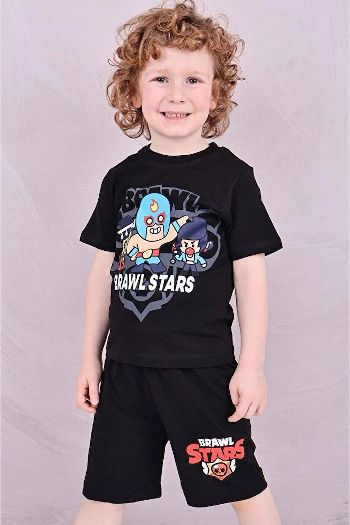 PJKSKT Brawl Star Desenli Siyah Şortlu Erkek Çocuk Kısa Kol Takım 7598-S