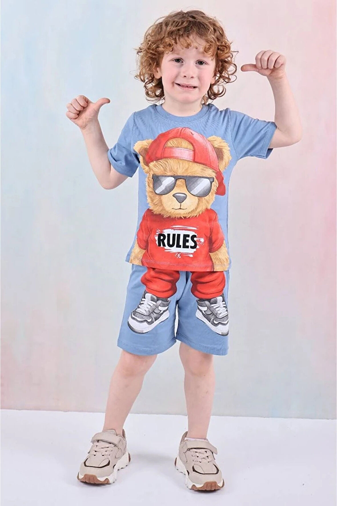 PJKSKT Şapkalı Ayıcık Desenli Mavi Şortlu Erkek Çocuk Kısa Kol Takım 7600-M