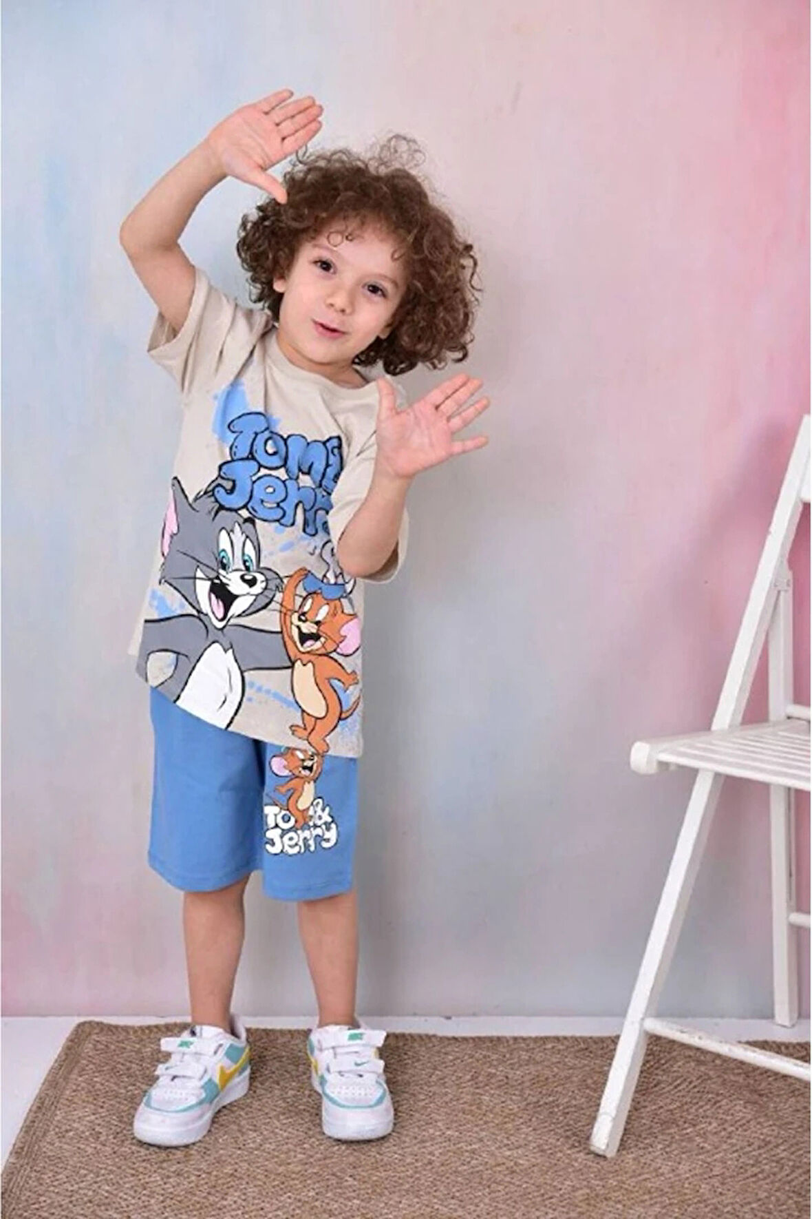 PJKSKT Tom&Jerry Desenli Mavi Şortlu Erkek Çocuk Kısa Kol Takım 7601-M