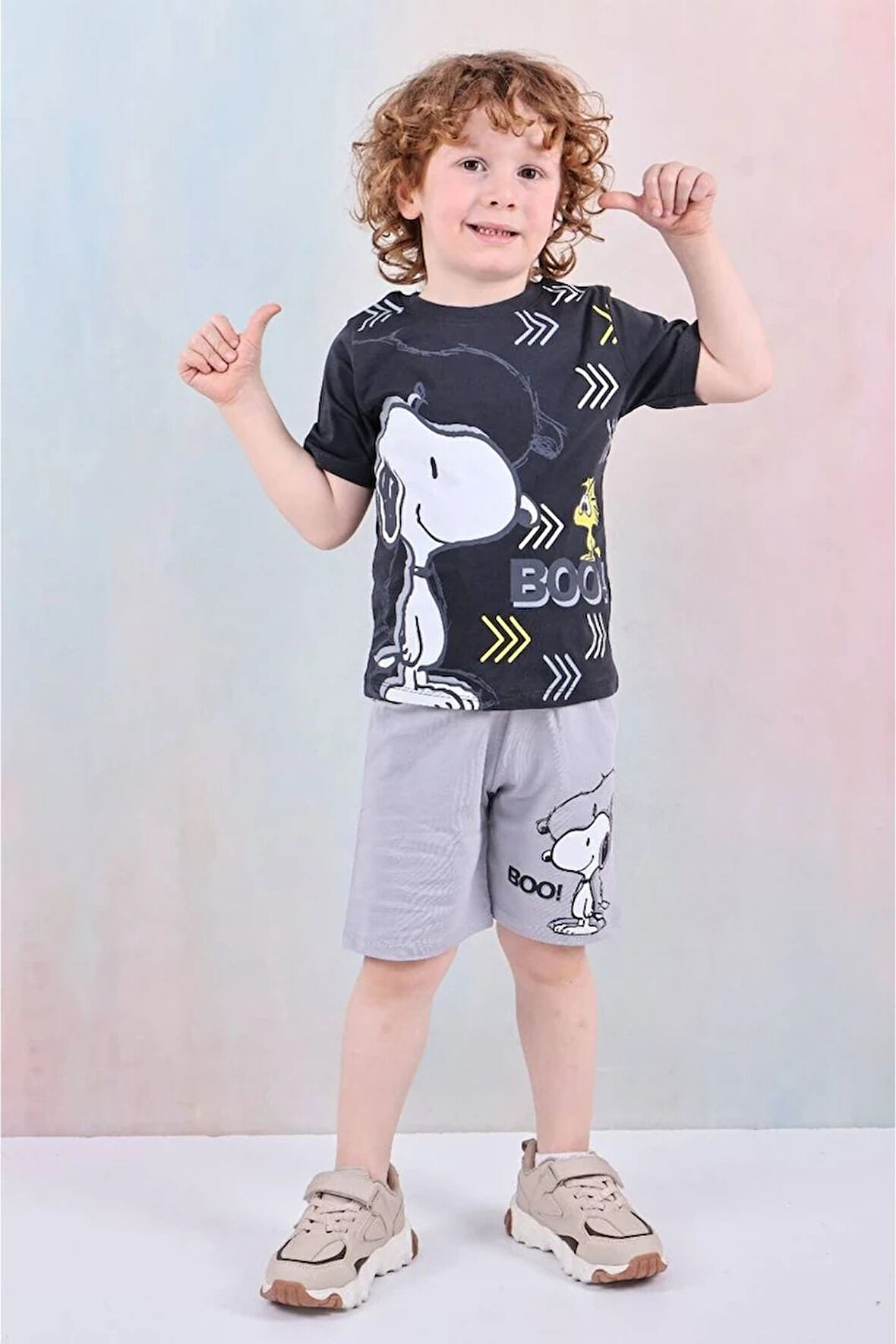 PJKSKT Snoopy Desenli Gri Şortlu Erkek Çocuk Kısa Kol Takım 7603-G