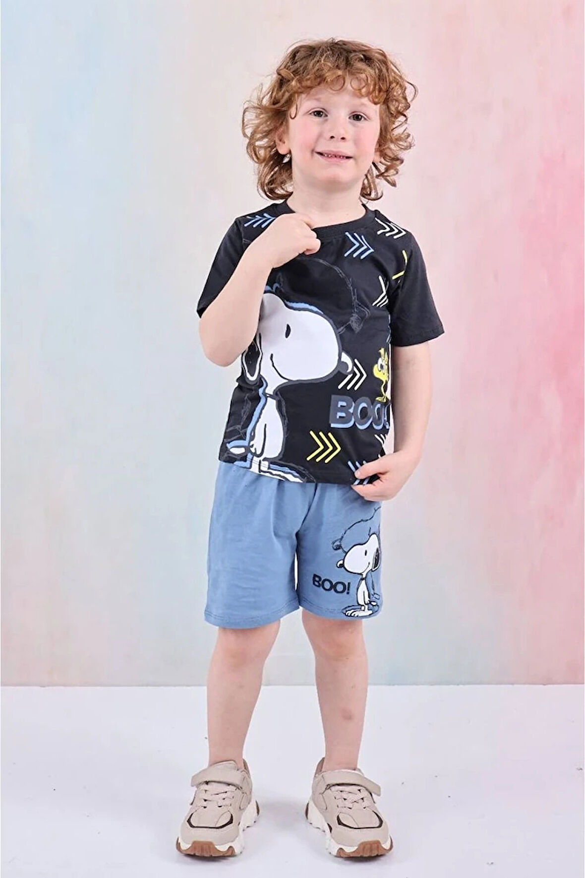 PJKSKT Snoopy Desenli Mavi Şortlu Erkek Çocuk Kısa Kol Takım 7603-M