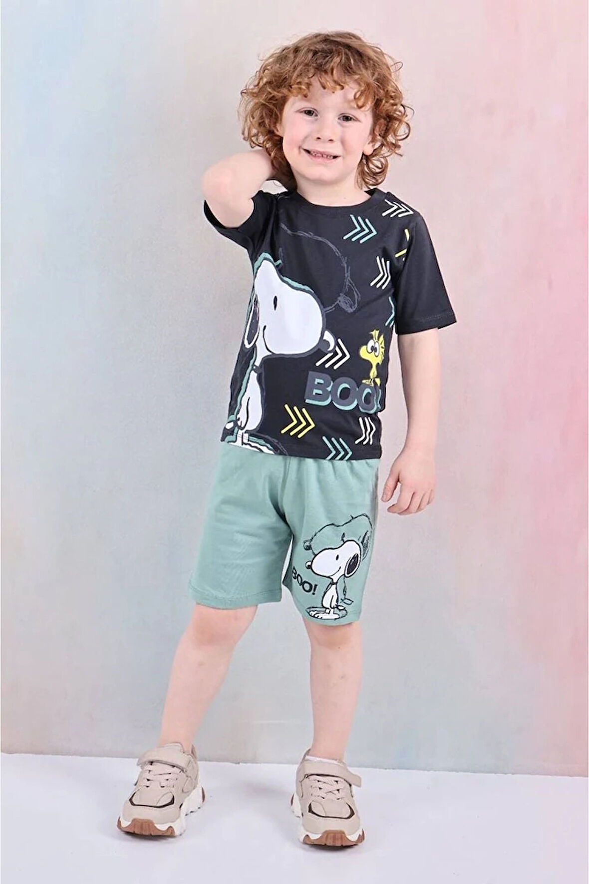 PJKSKT Snoopy Desenli Yeşil Şortlu Erkek Çocuk Kısa Kol Takım 7603-Y