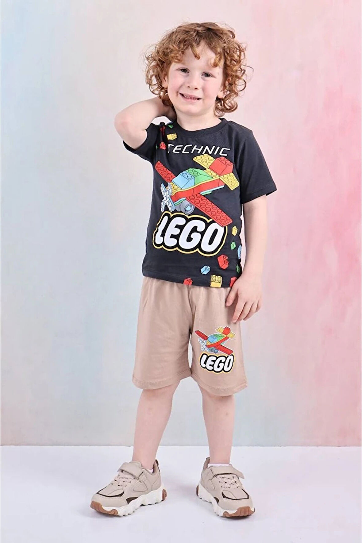 PJKSKT Lego Desenli Bej Şortlu Erkek Çocuk Kısa Kol Takım 7606-B