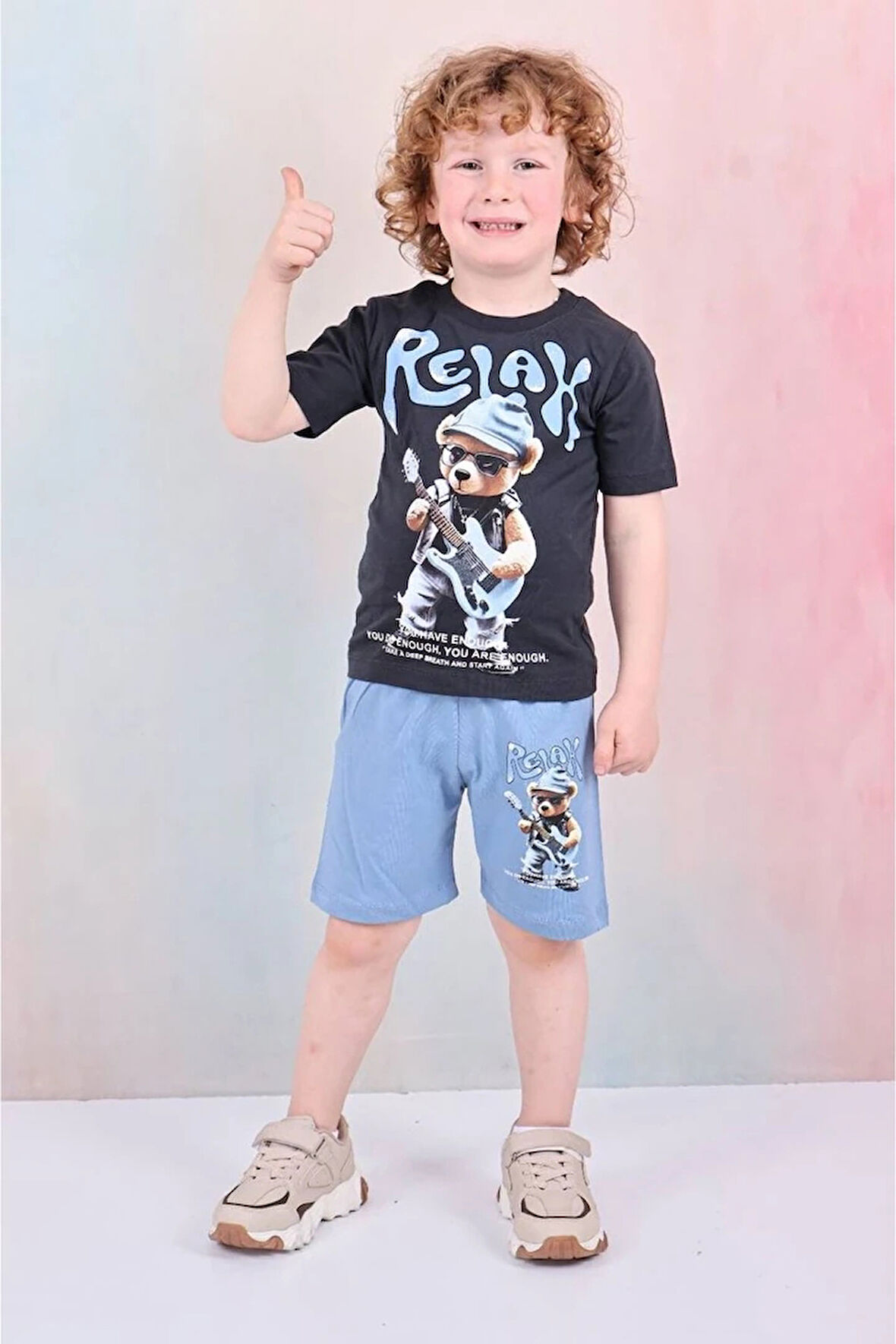 PJKSKT Relax Gitarcı Ayı Desenli Mavi Şortlu Erkek Çocuk Kısa Kol Takım 7608-M