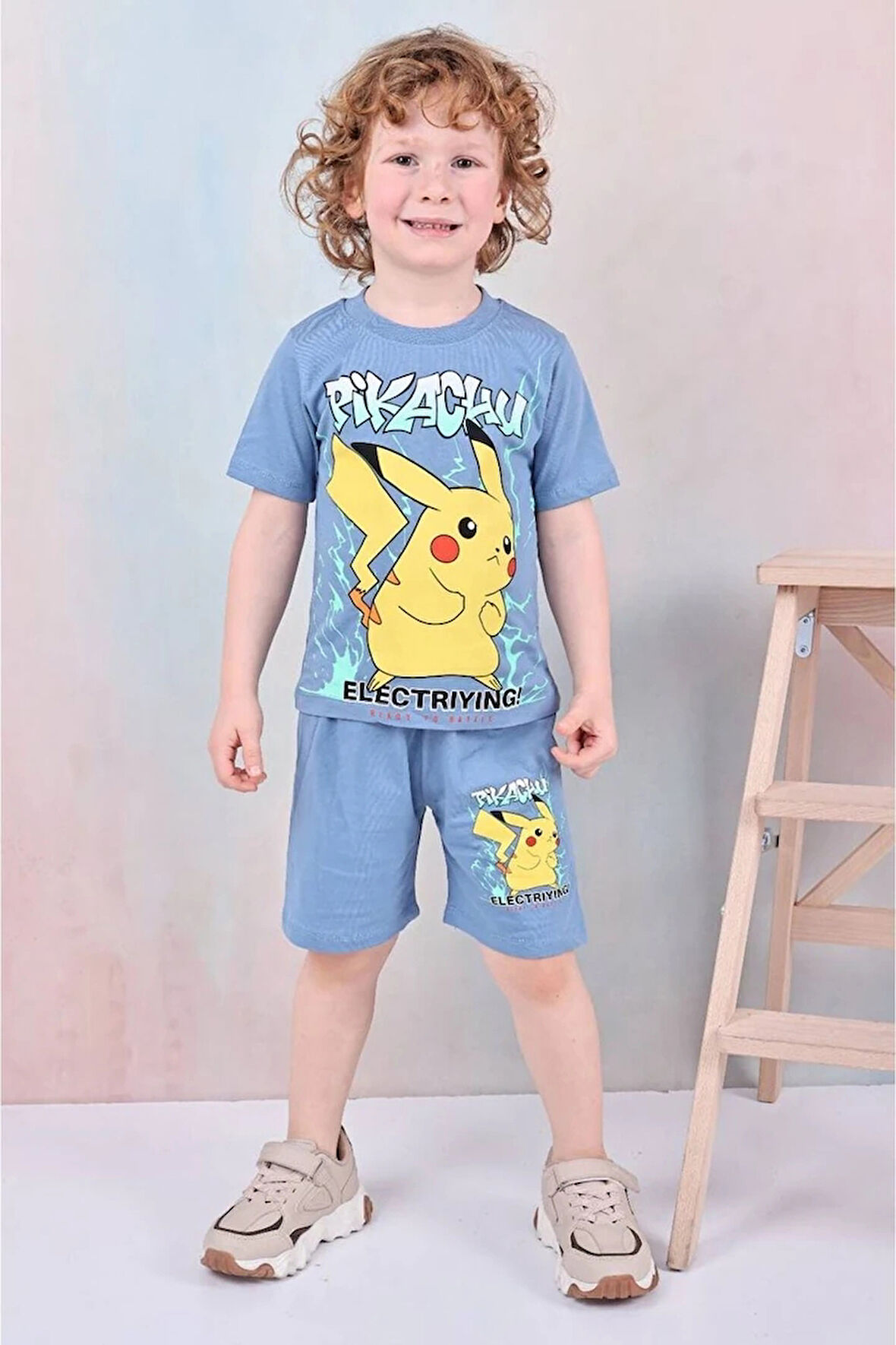 PJKSKT Pikachu Desenli Mavi Şortlu Erkek Çocuk Kısa Kol Takım 7609-M