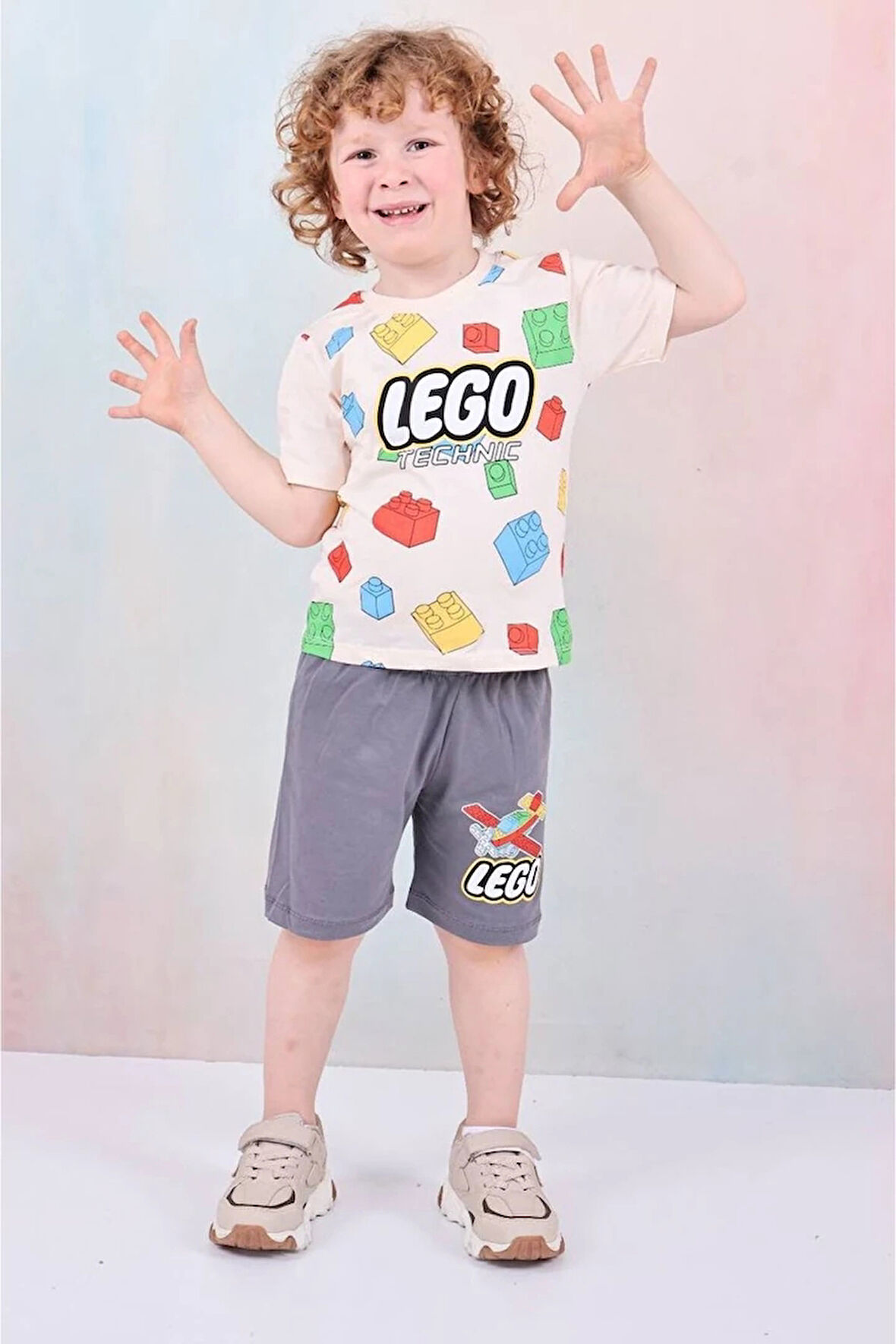 PJKSKT Lego Desenli Füme Şortlu Erkek Çocuk Kısa Kol Takım 7610-F