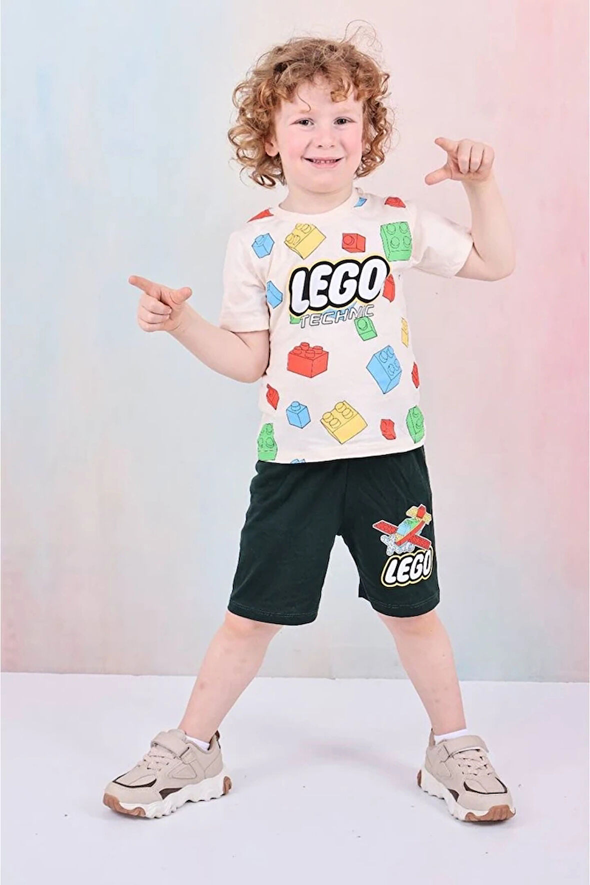 PJKSKT Lego Desenli Yeşil Şortlu Erkek Çocuk Kısa Kol Takım 7610-Y