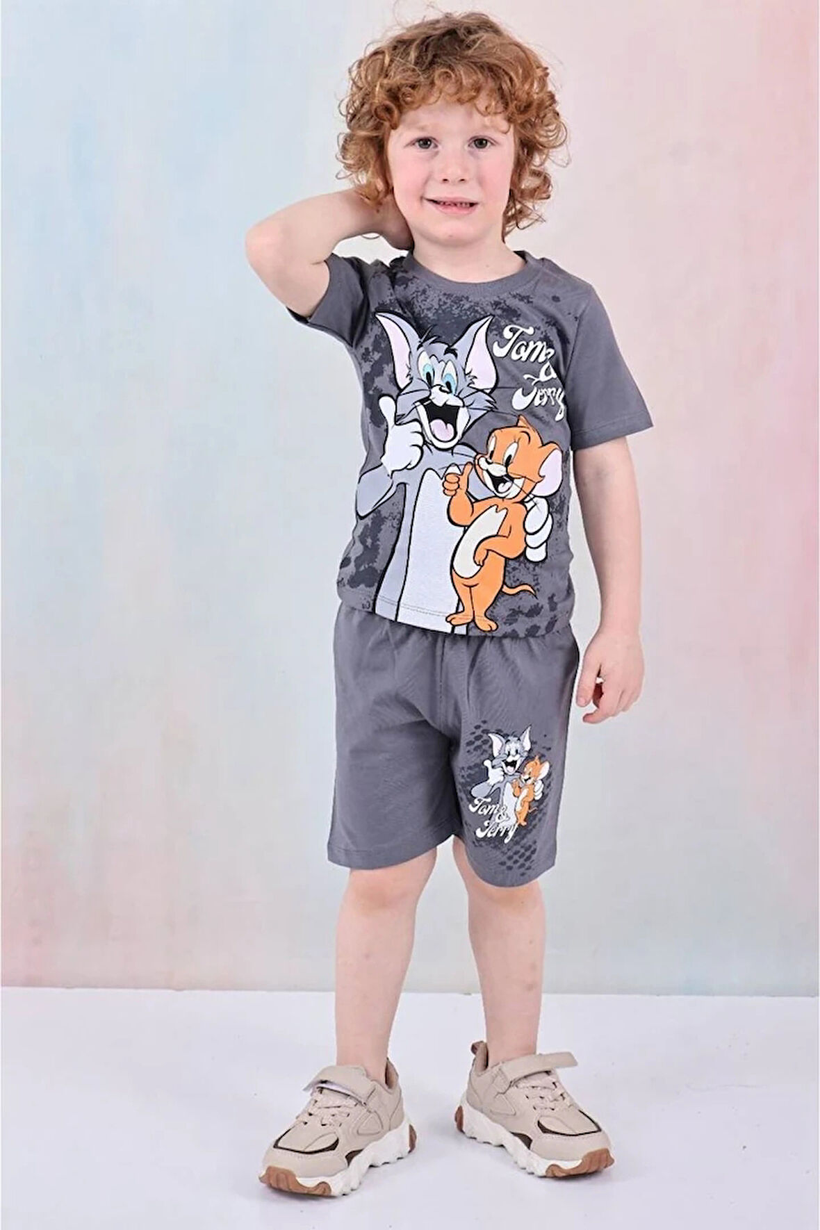 PJKSKT Tom&Jerry Desenli Füme Şortlu Erkek Çocuk Kısa Kol Takım 7611-F