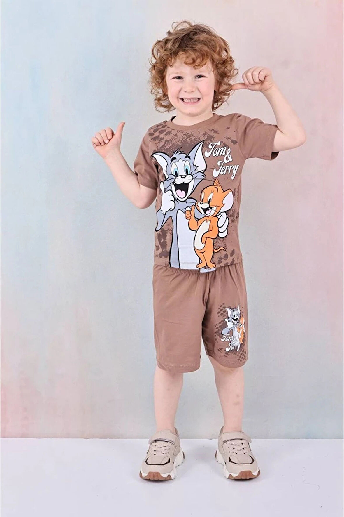 PJKSKT Tom&Jerry Desenli Kahverengi Şortlu Erkek Çocuk Kısa Kol Takım 7611-K