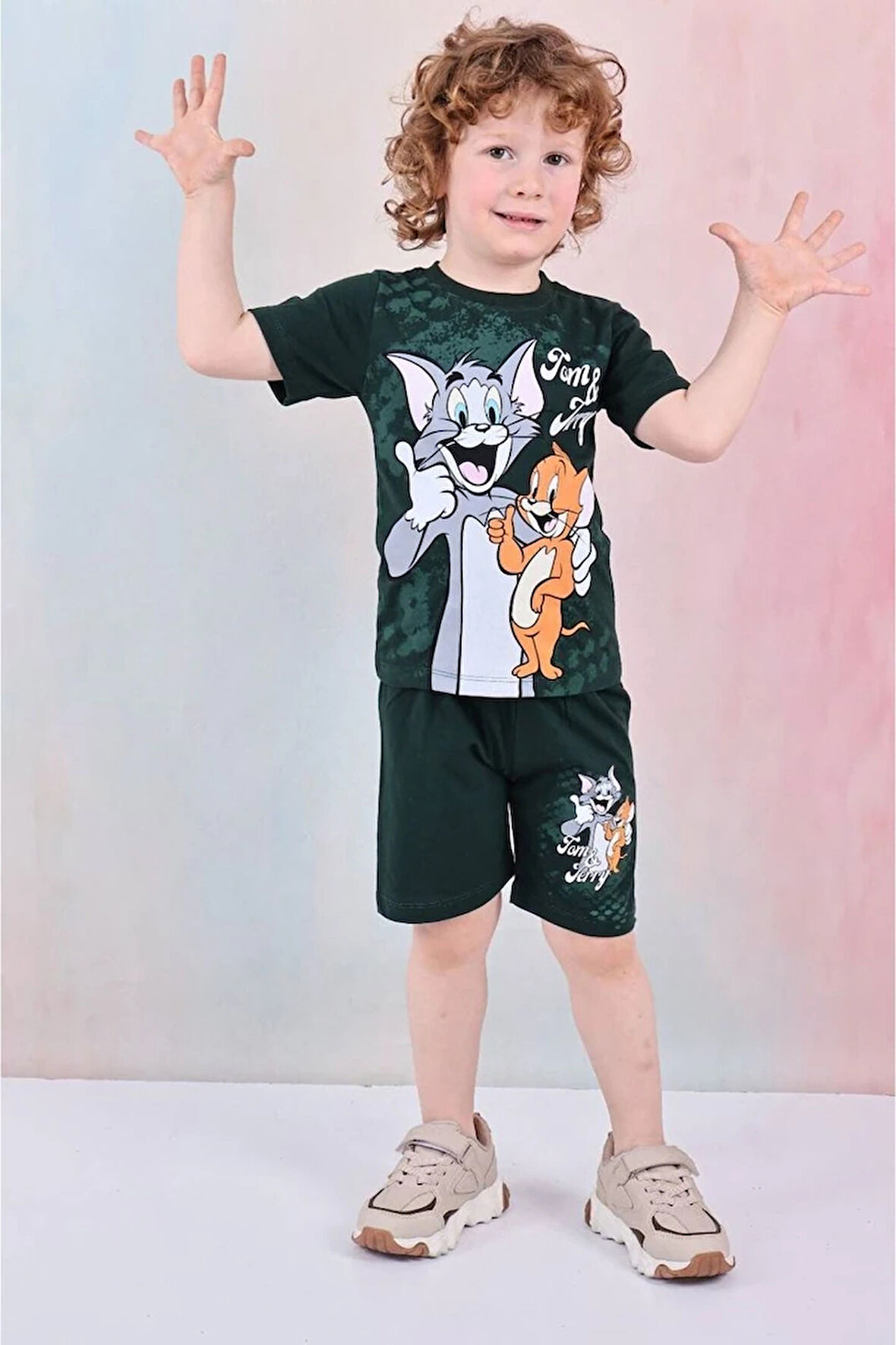 PJKSKT Tom&Jerry Desenli Yeşil Şortlu Erkek Çocuk Kısa Kol Takım 7611-Y