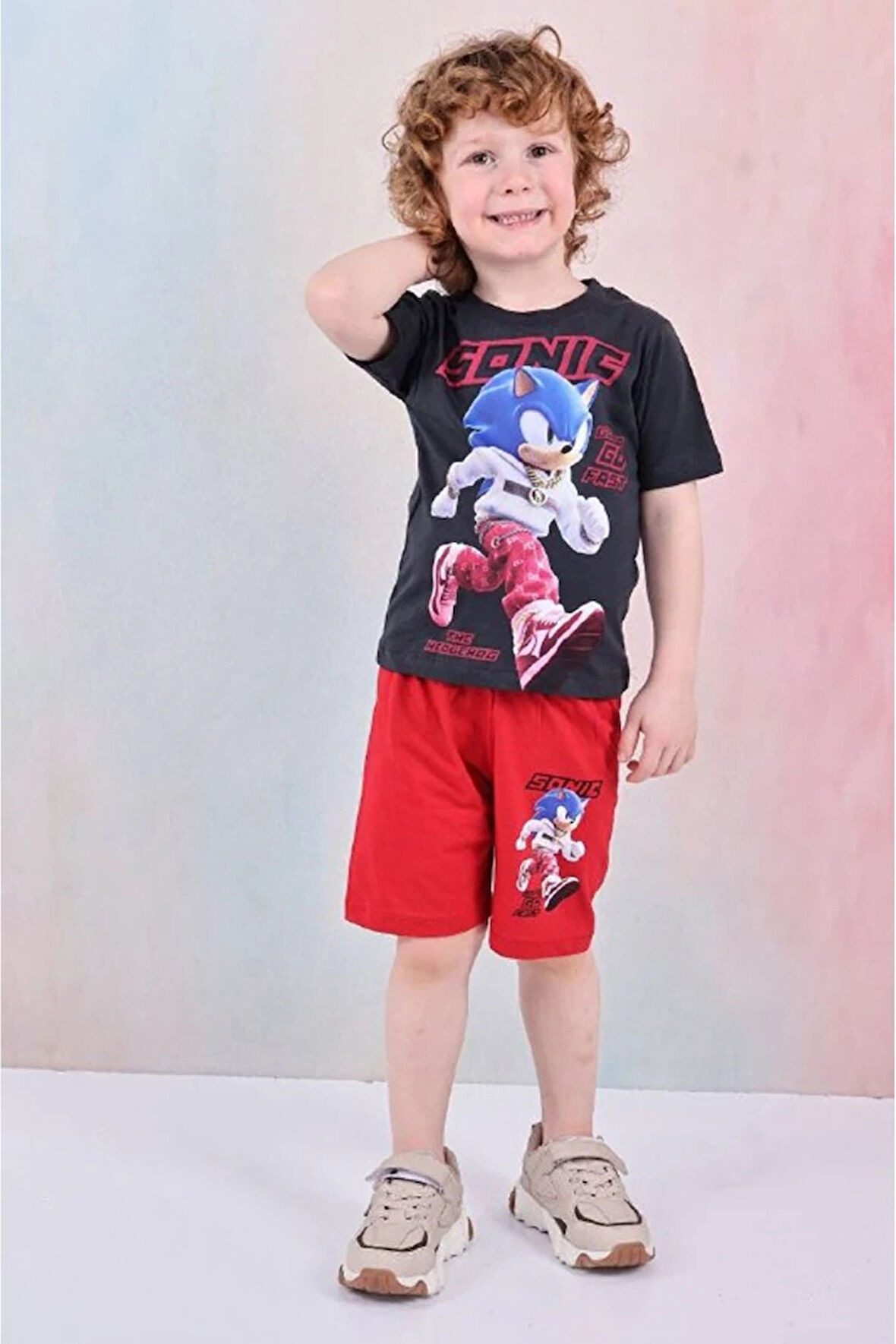 PJKSKT Sonic Desenli Kırmızı Şortlu Erkek Çocuk Kısa Kol Takım 7613-K