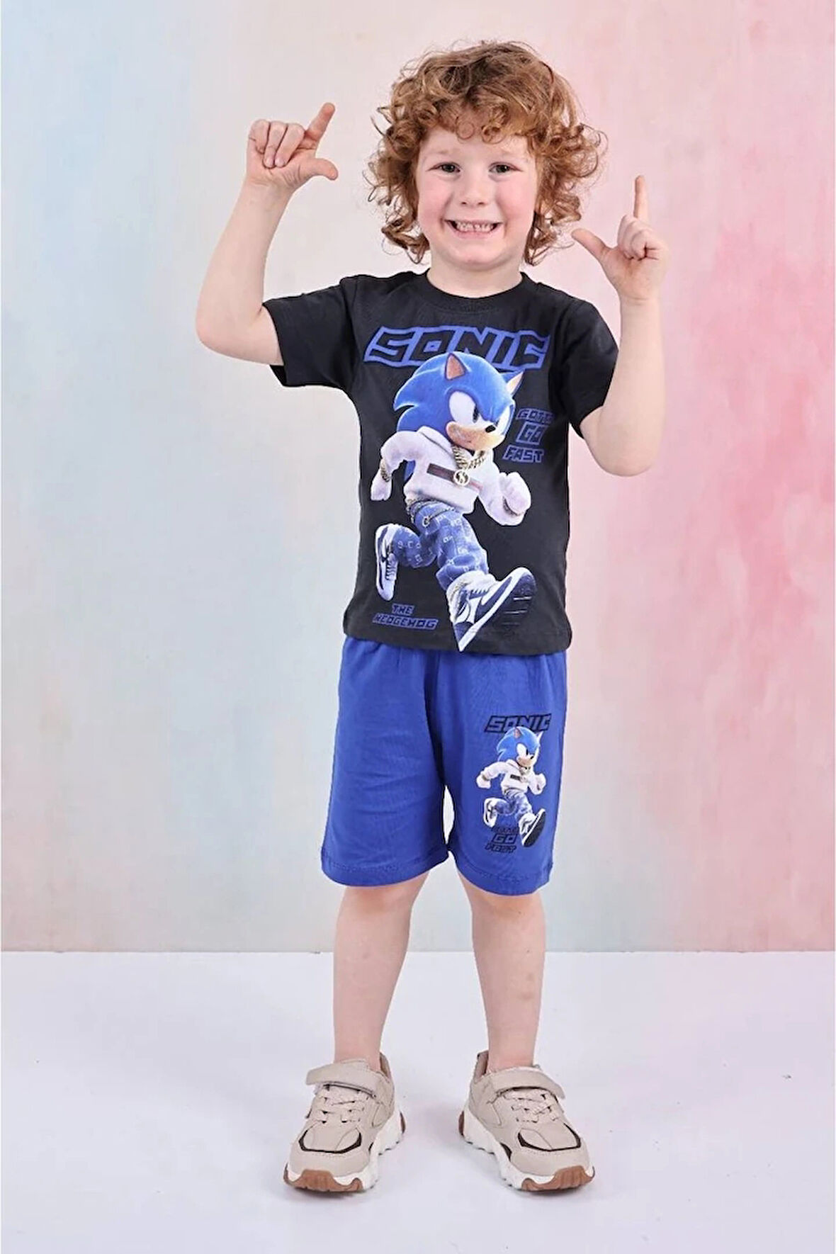 PJKSKT Sonic Desenli Saks Mavisi Şortlu Erkek Çocuk Kısa Kol Takım 7613-S