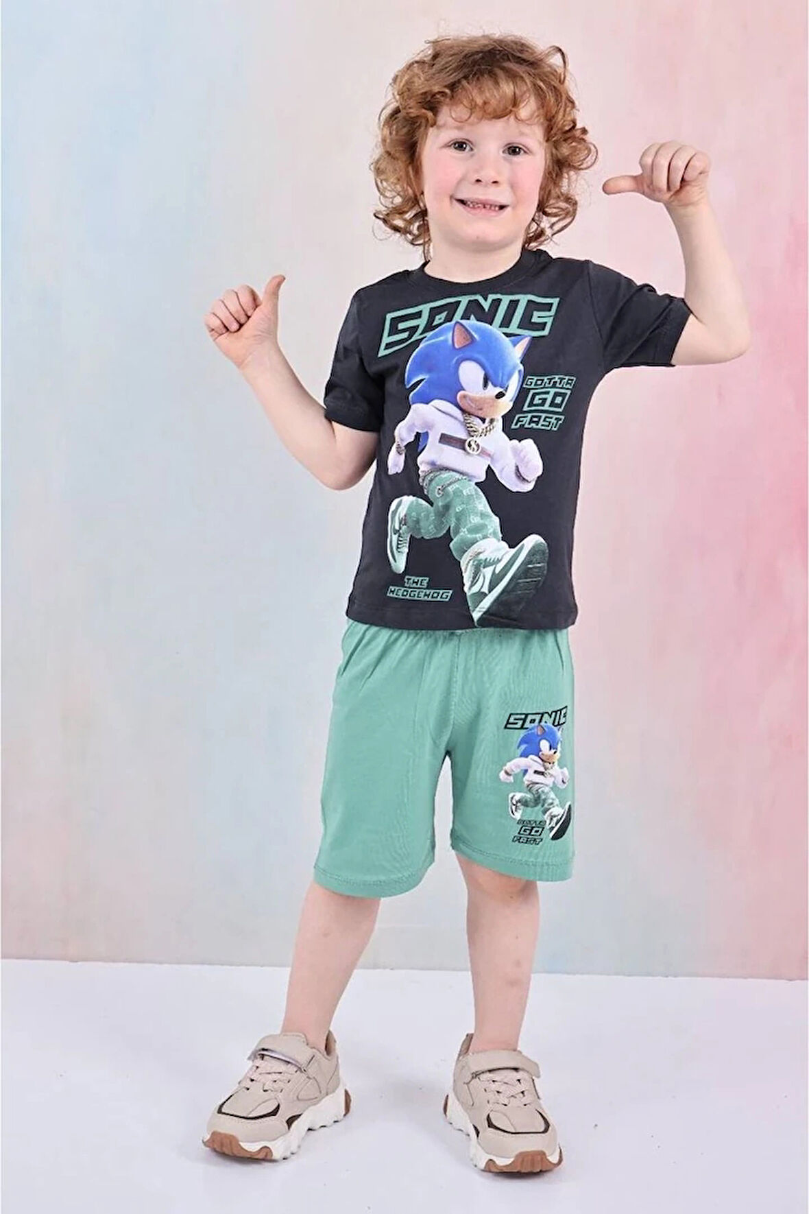 PJKSKT Sonic Desenli Yeşil Şortlu Erkek Çocuk Kısa Kol Takım 7613-Y