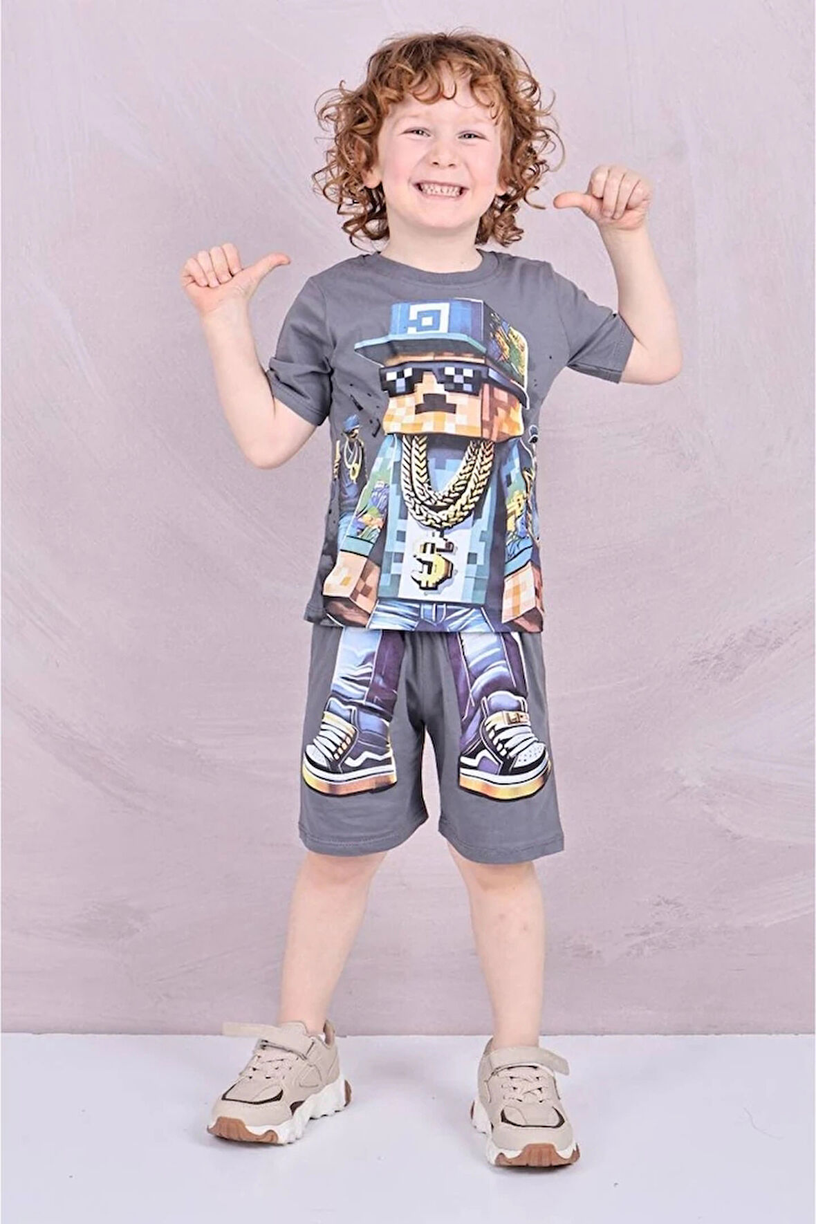 PJKSKT Minec Desenli Füme Şortlu Erkek Çocuk Kısa Kol Takım 7614-F