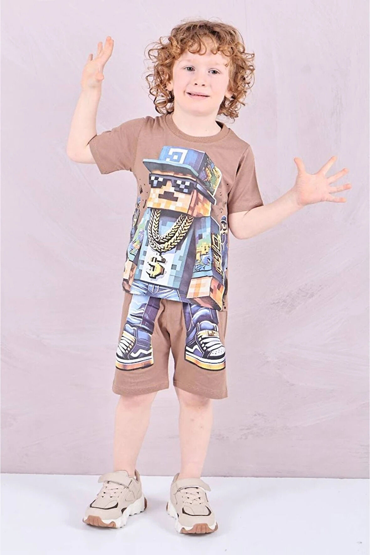 PJKSKT Minec Desenli Kahverengi Şortlu Erkek Çocuk Kısa Kol Takım 7614-K