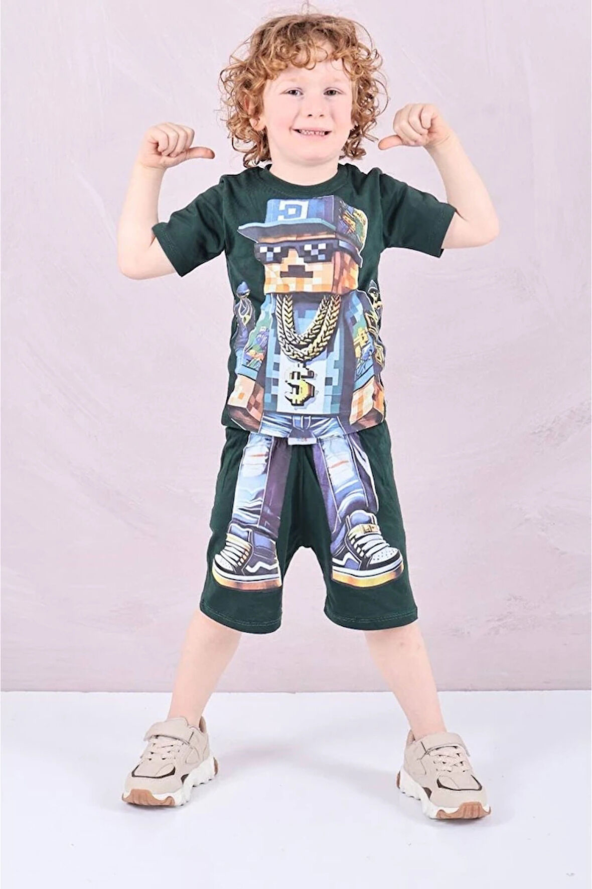 PJKSKT Minec Desenli Koyu Yeşil Şortlu Erkek Çocuk Kısa Kol Takım 7614-KY