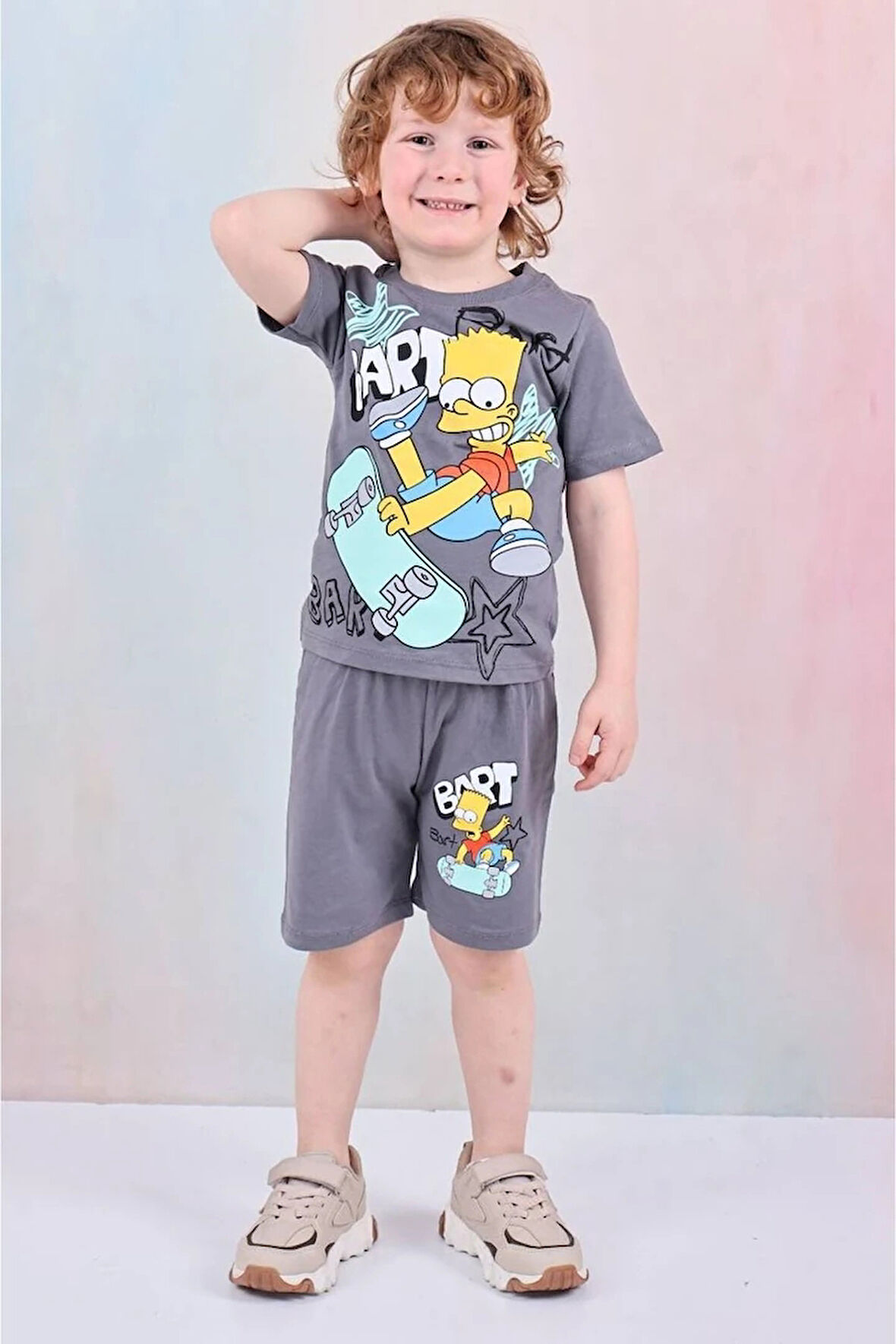 PJKSKT Simpson Desenli Füme Şortlu Erkek Çocuk Kısa Kol Takım 7616-F