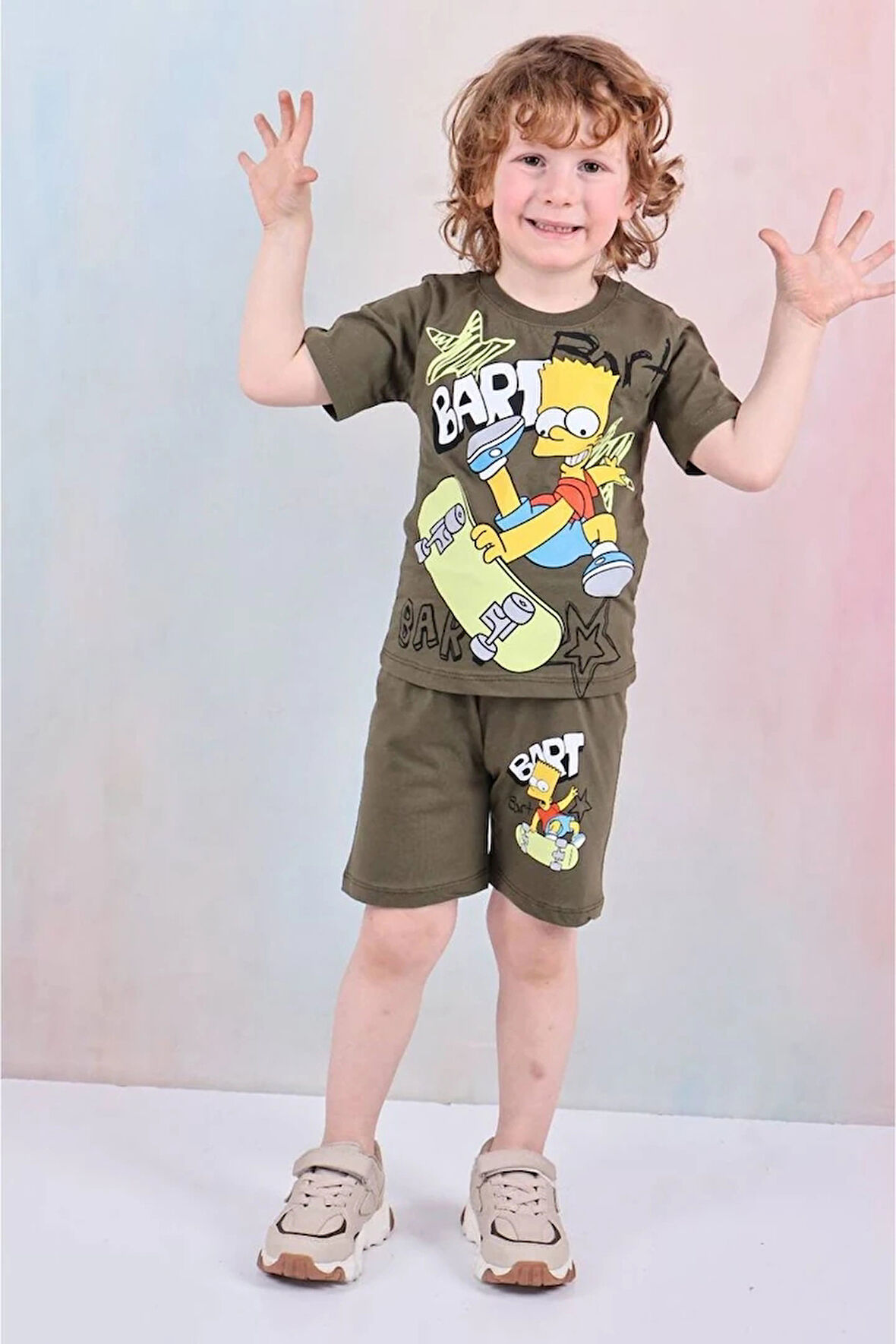 PJKSKT Simpson Desenli Haki Şortlu Erkek Çocuk Kısa Kol Takım 7616-H