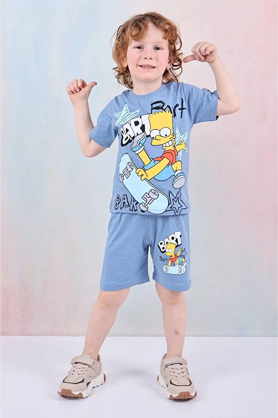 PJKSKT Simpson Desenli Mavi Şortlu Erkek Çocuk Kısa Kol Takım 7616-M
