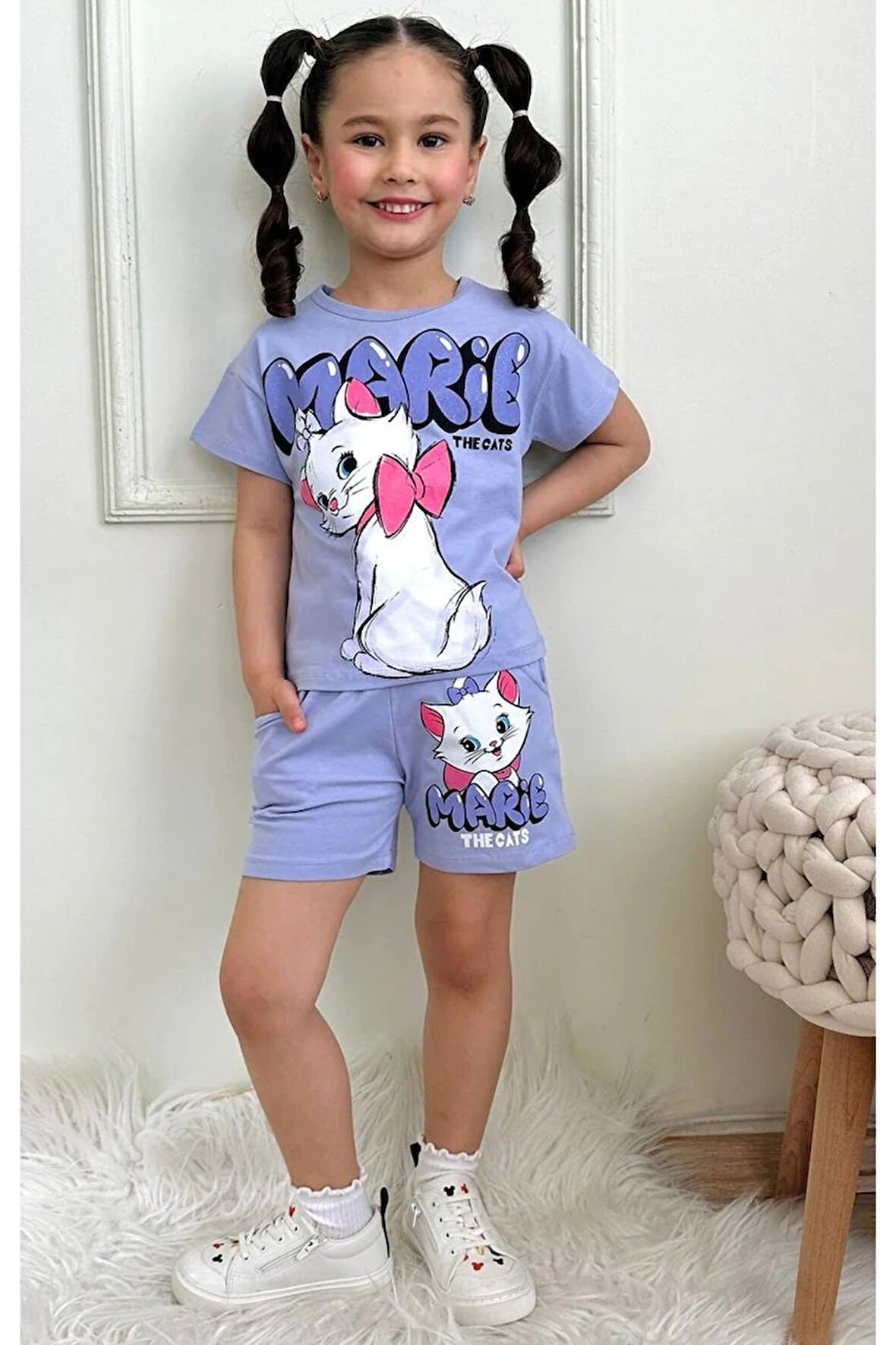 PJKSKT Marie Tatlı Kedicik Desenli Lila Şortlu Kız Çocuk Kısa Kol Takım 7623-L