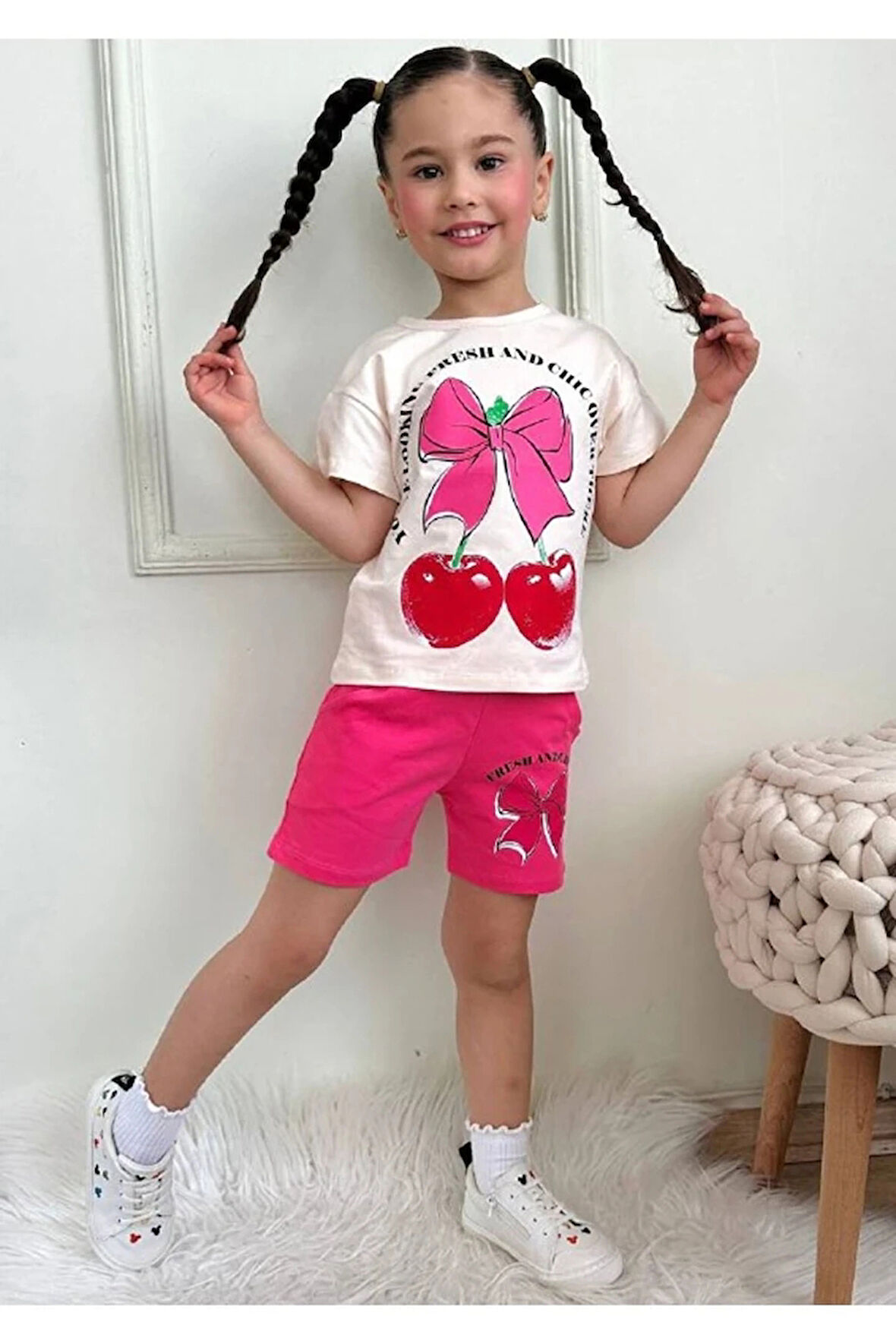 PJKSKT Kiraz Desenli Fuşya Şortlu Kız Çocuk Kısa Kol Takım 7625-F