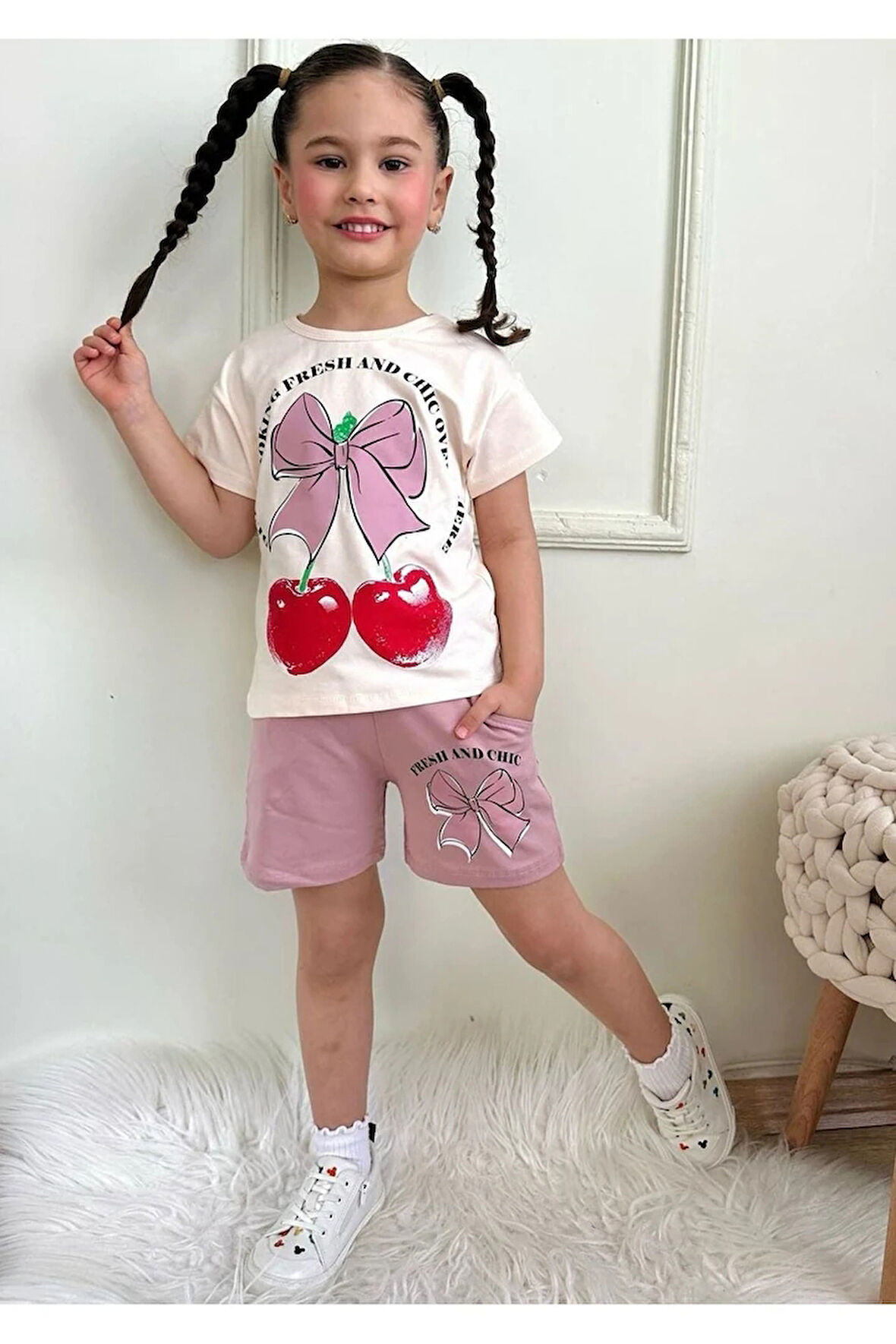 PJKSKT Kiraz Desenli Gül Kurusu Şortlu Kız Çocuk Kısa Kol Takım 7625-GK