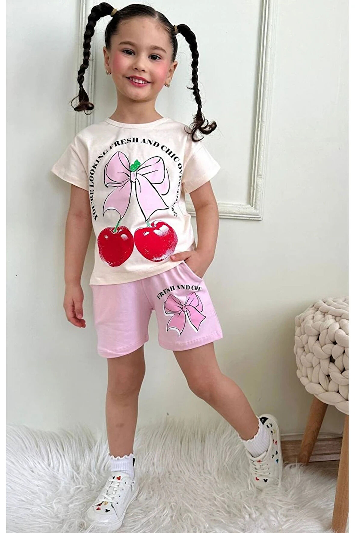 PJKSKT Kiraz Desenli Pembe Şortlu Kız Çocuk Kısa Kol Takım 7625-P