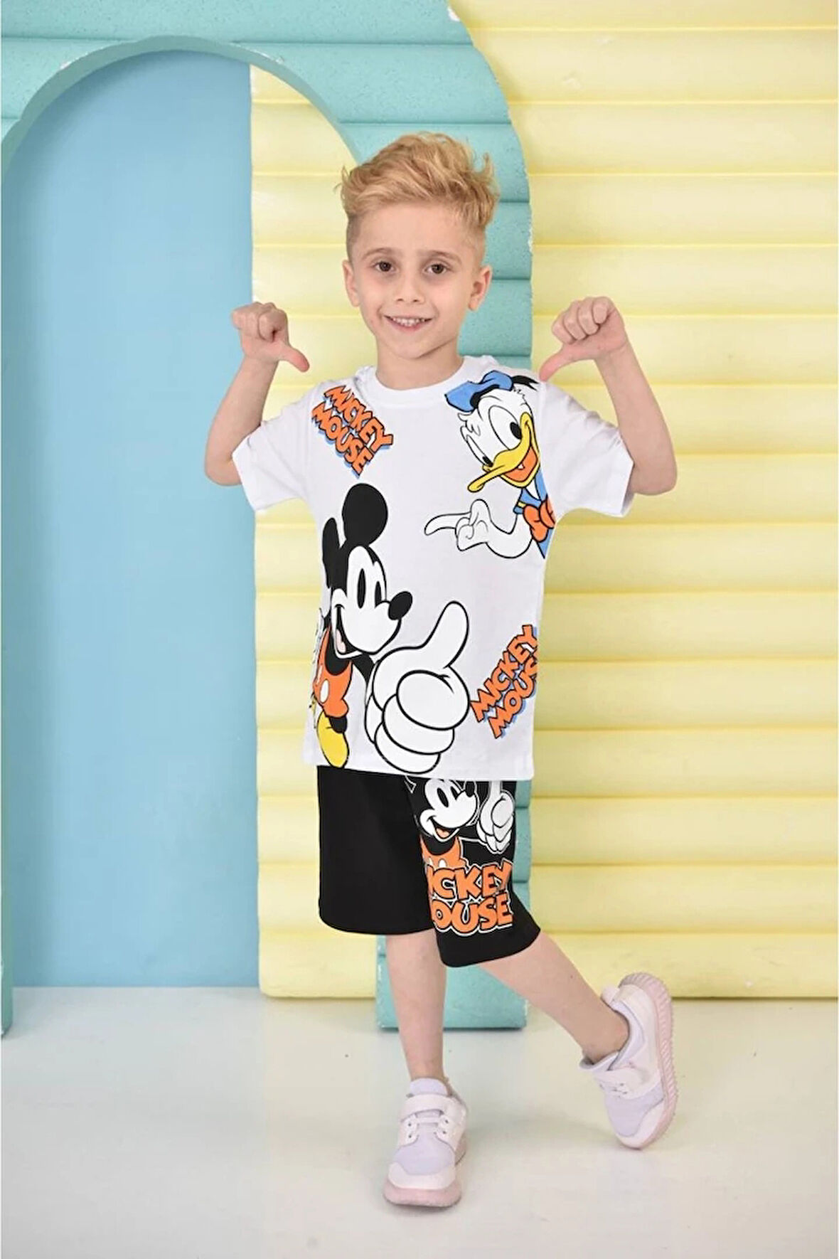 PJKSKT Mickey Mause Desenli Beyaz Şortlu Erkek Çocuk Kısa Kol Takım 7657-B