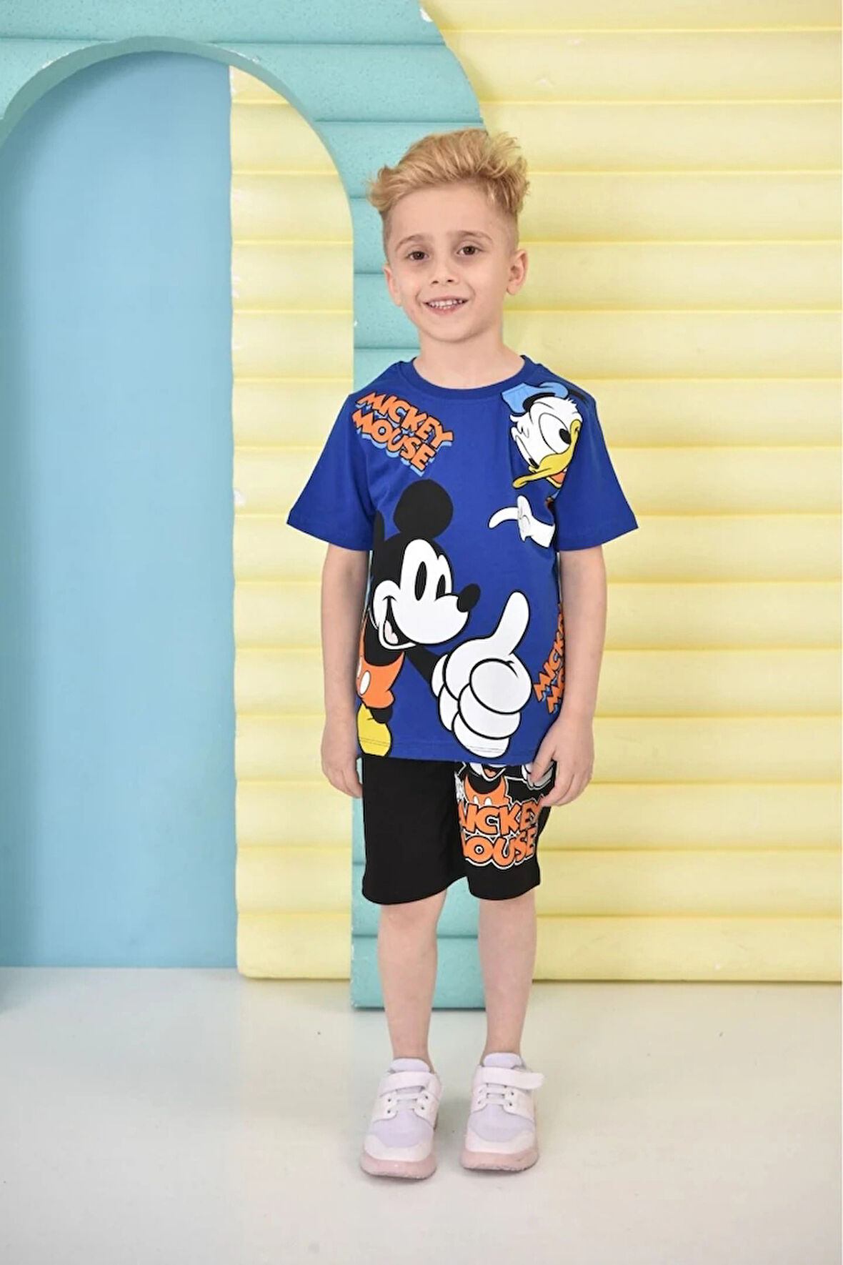 PJKSKT Mickey Mause Desenli Saks Mavisi Şortlu Erkek Çocuk Kısa Kol Takım 7657-S