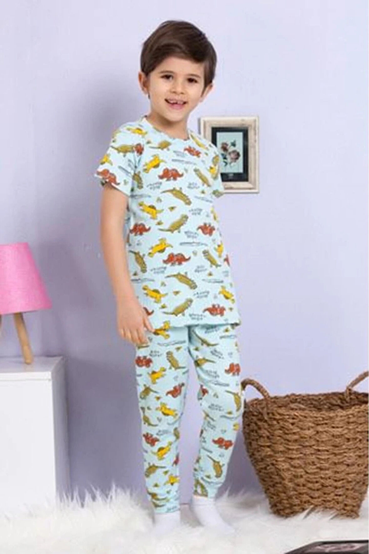 ELMKP Mavi Dinazor Desen Fitilli Kumaş Erkek Çocuk Pijama Takımı 3-10 Yaş 1106