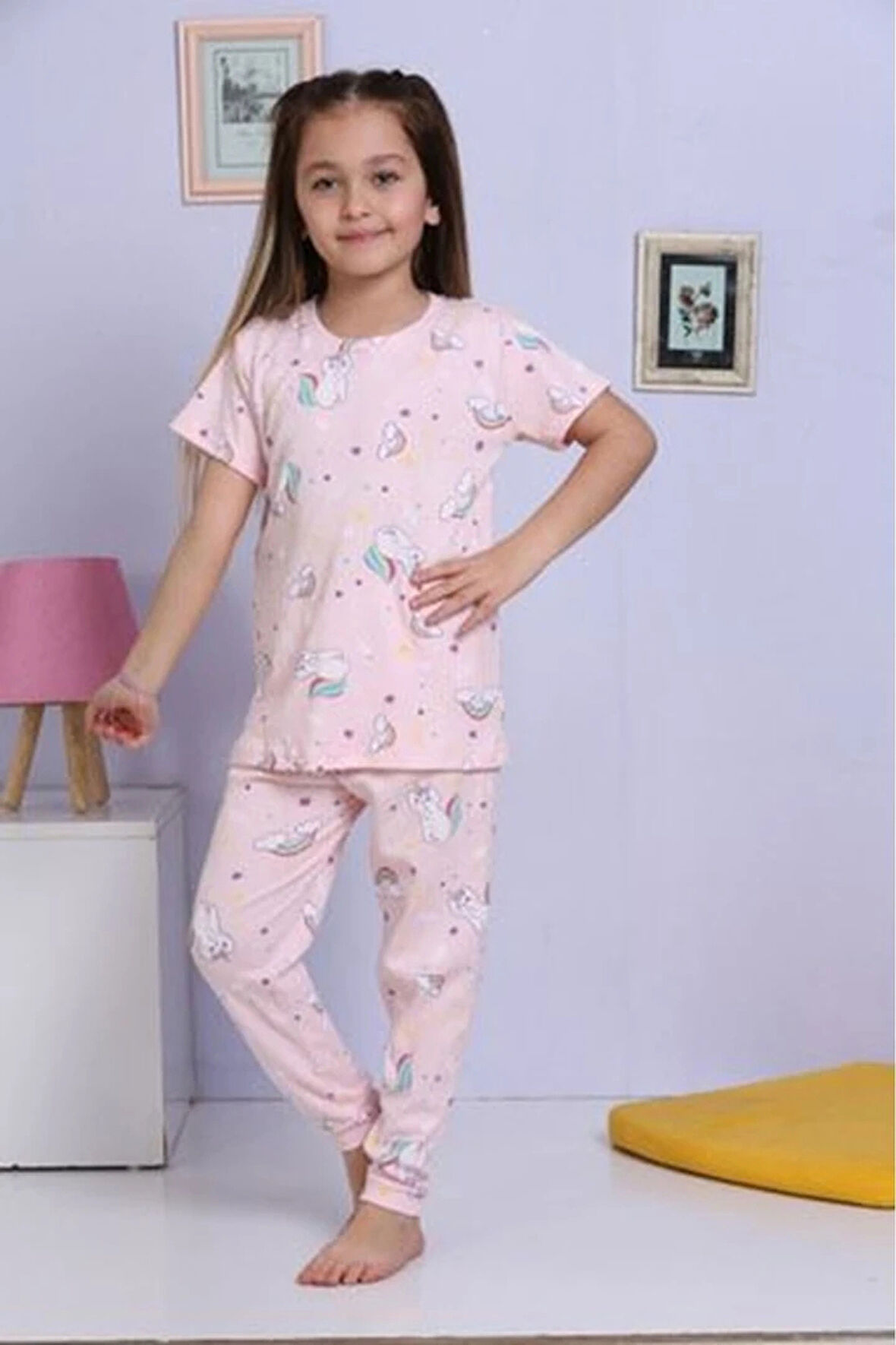 ELMKP Pembe Kedicik Desen Fitilli Kumaş Kız Çocuk Pijama Takımı 3-10 Yaş 1113