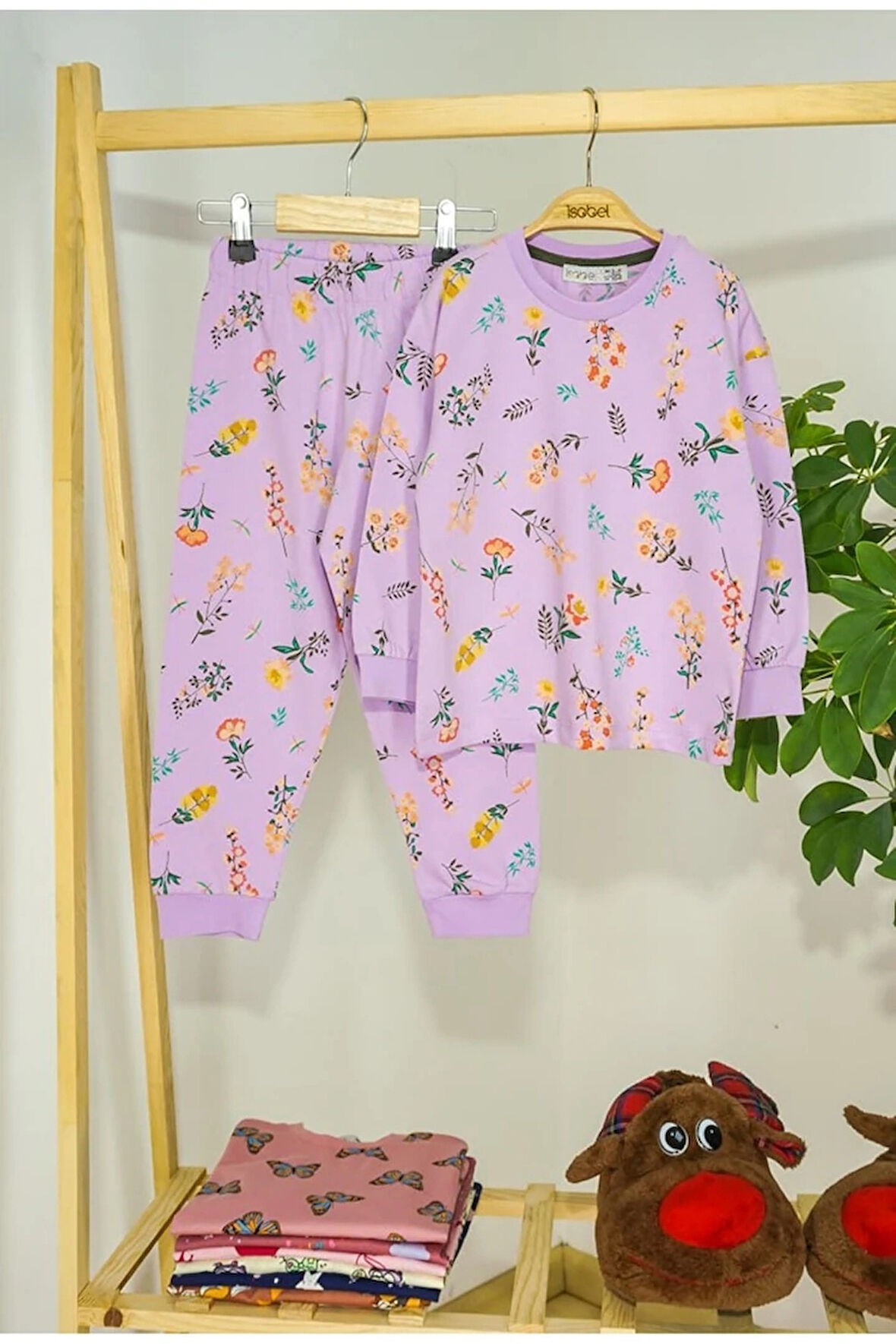 İSOB Lila Çiçek Desenli %100 Pamuk Kız Çocuk Pijama Takımı 8-12 Yaş 11301-L