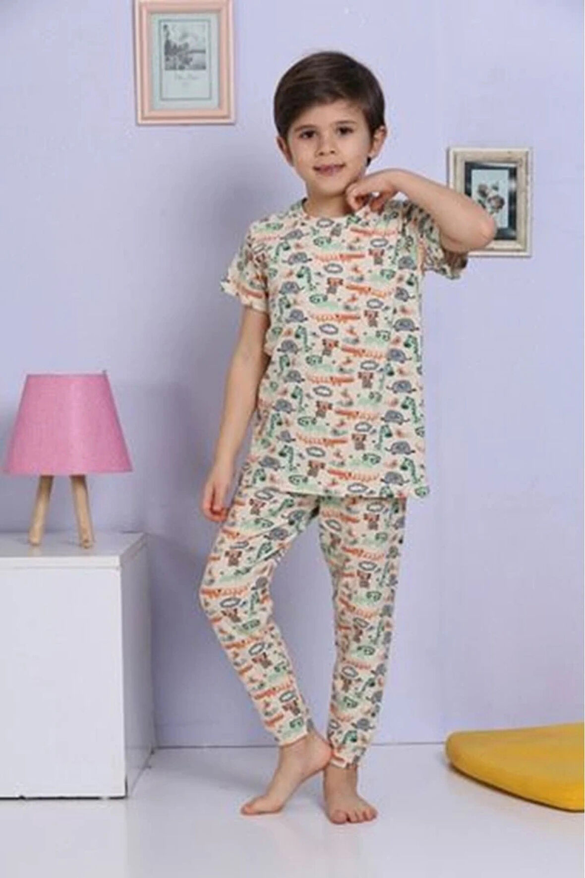 ELMKP Bej Hayvanlar Alemi Desen Erkek Çocuk Pijama Takımı 3-10 Yaş 1164
