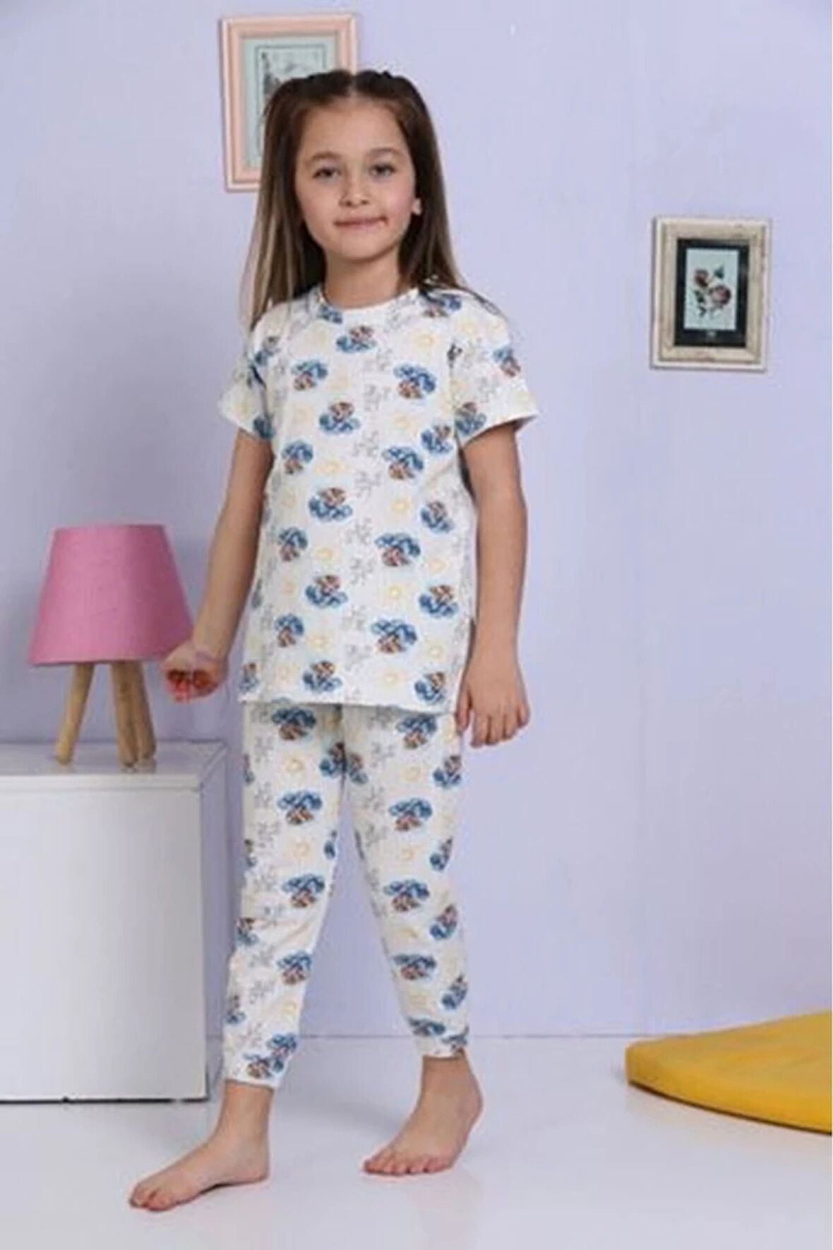 ELMKP Ekru Balonda Unicorn Desen Kız Çocuk Pijama Takımı 3-10 Yaş 1172