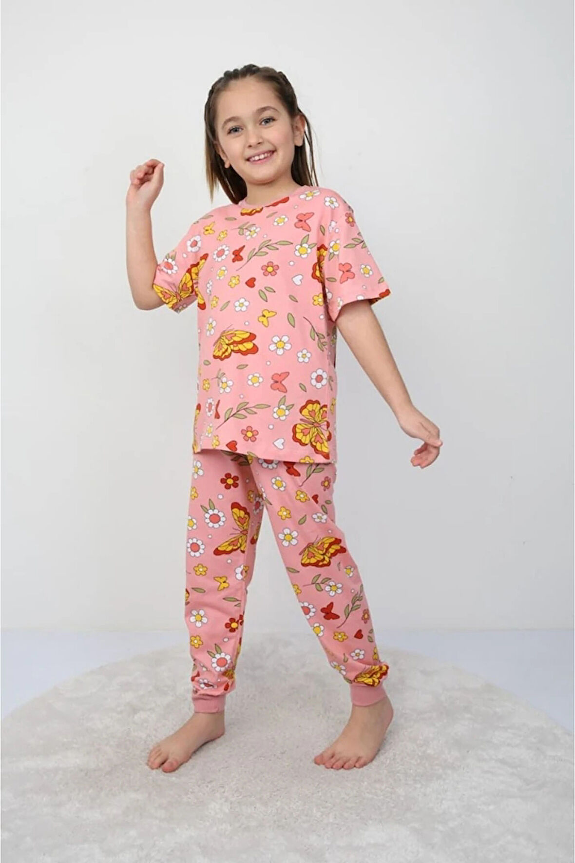 İSOB Pembe Kelebek Desenli %100 Pamuk Kız Çocuk Kısa Kollu Pijama Takımı 3-8 Yaş 21208-P