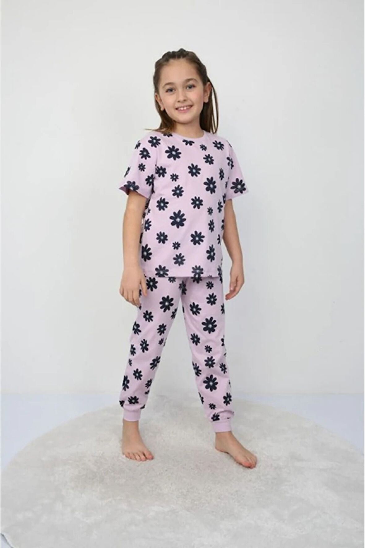 İSOB Lila Çiçek Desenli %100 Pamuk Kız Çocuk Kısa Kollu Pijama Takımı 3-8 Yaş 21209-L