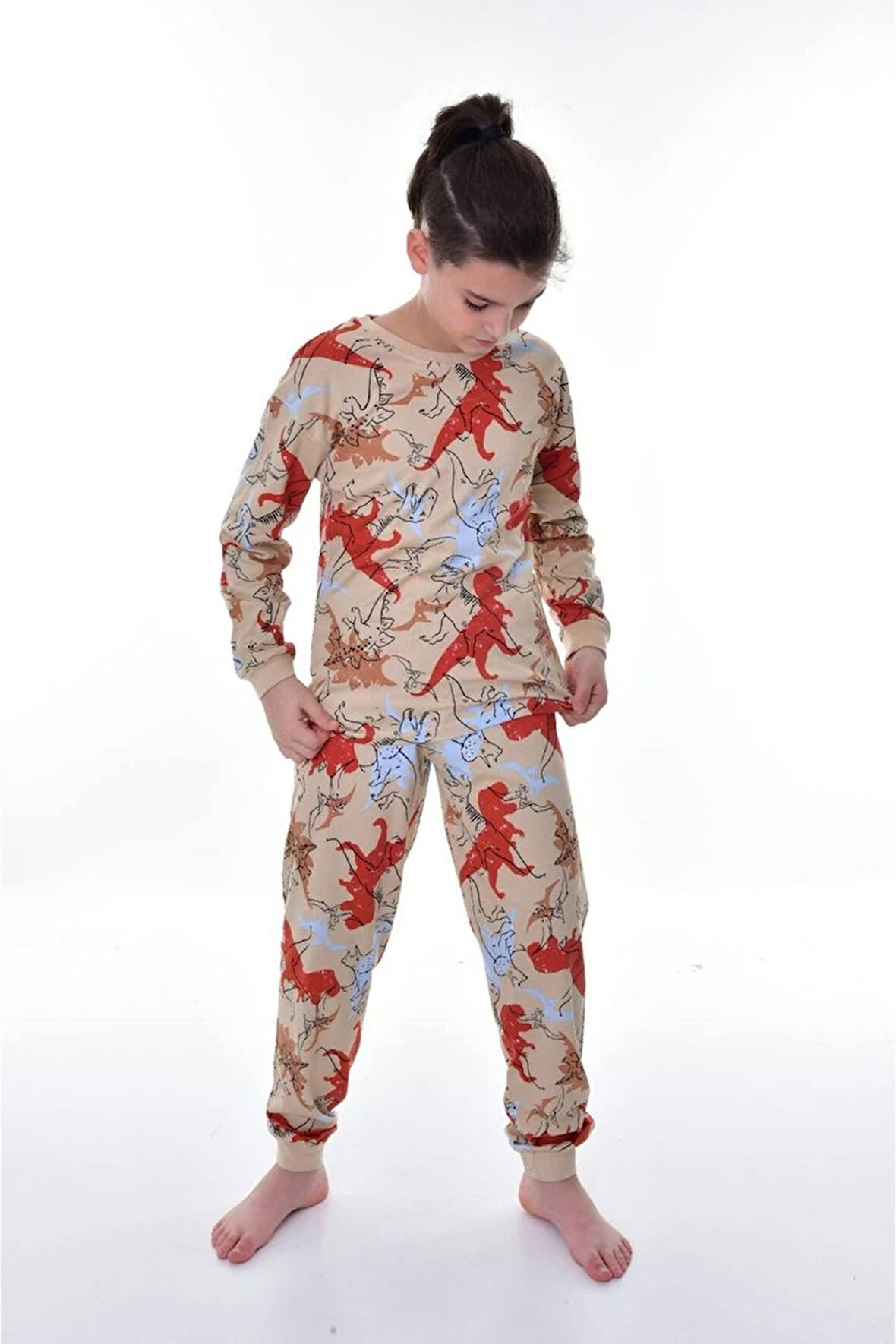 İSOB Bej Dinazor Desenli %100 Pamuk Erkek Çocuk Pijama Takımı 3-12 Yaş 22215-B