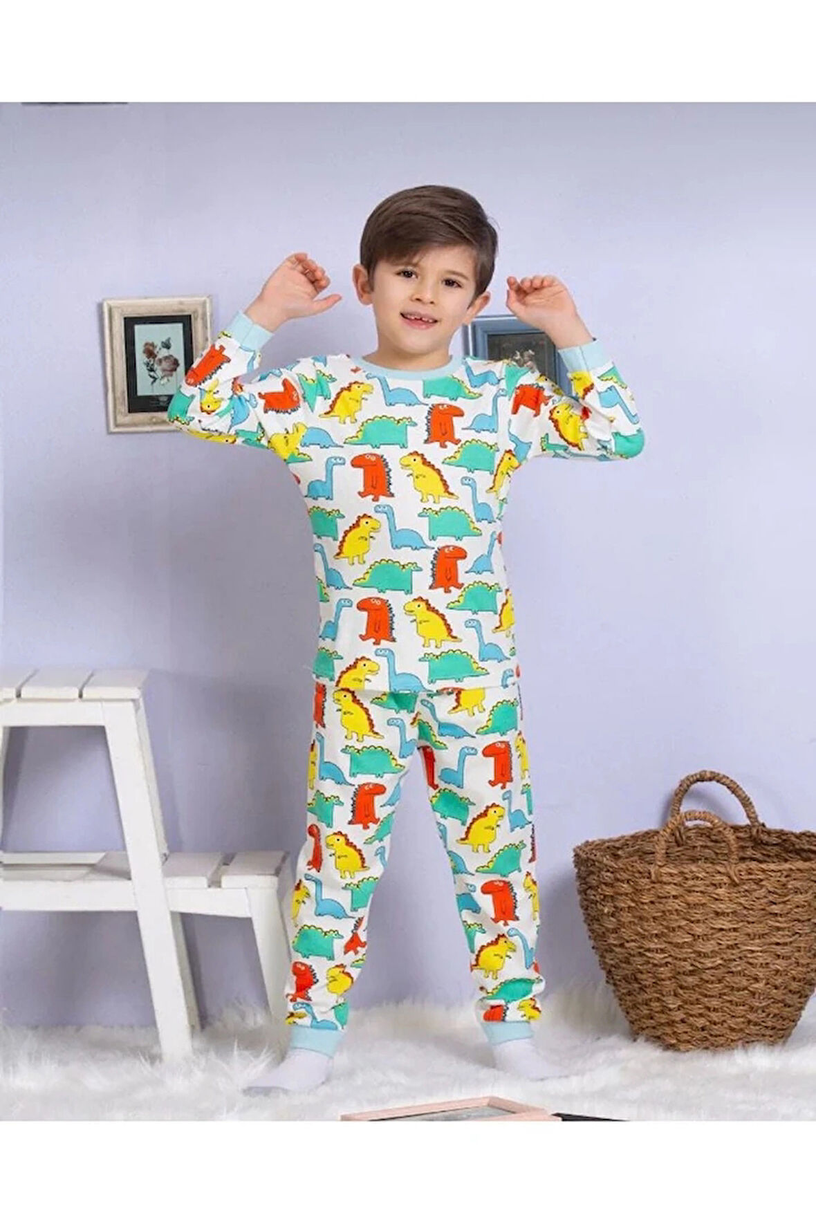 ELMP Dinazor Desen %100 Pamuk Erkek Çocuk Pijama Takımı 1-2 Yaş 02226
