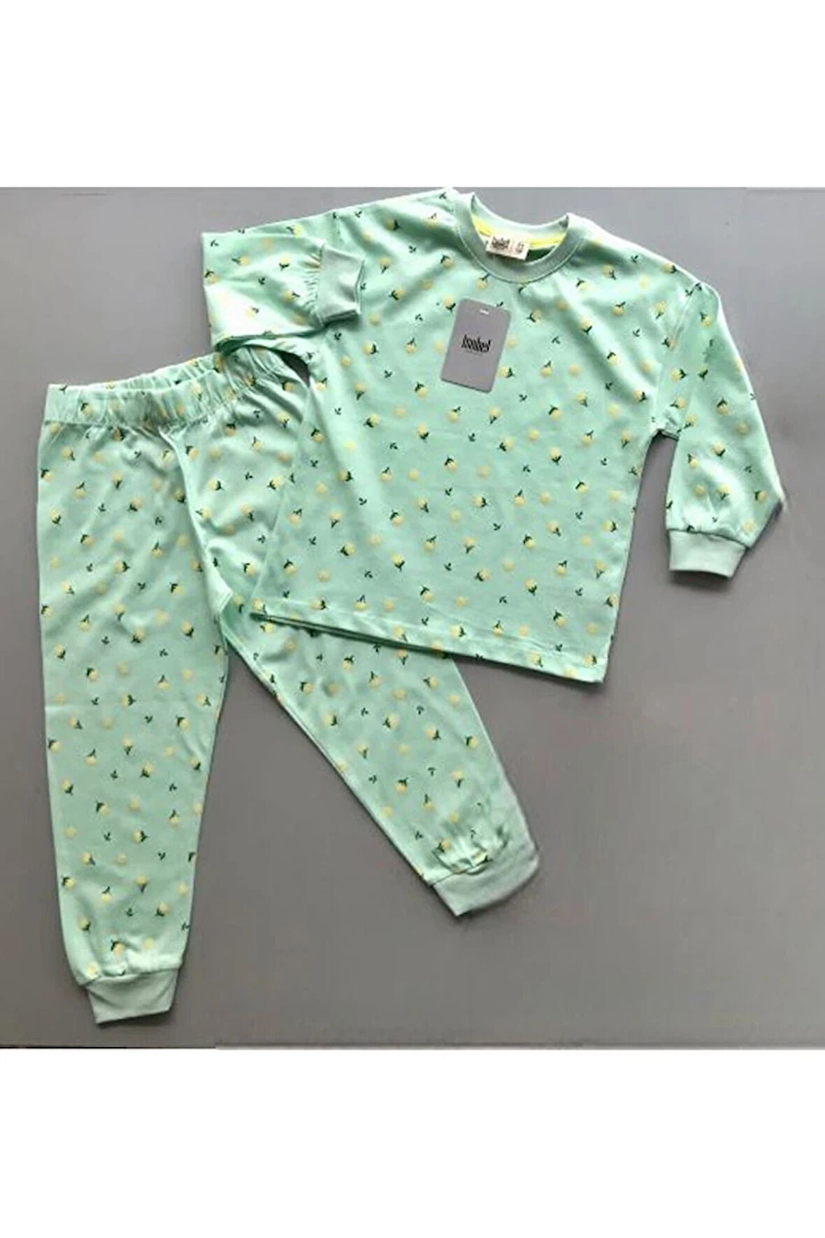 İSOB Mint Çiçek Desenli %100 Pamuk Kız Çocuk Pijama Takımı 7-12 Yaş 25402-M