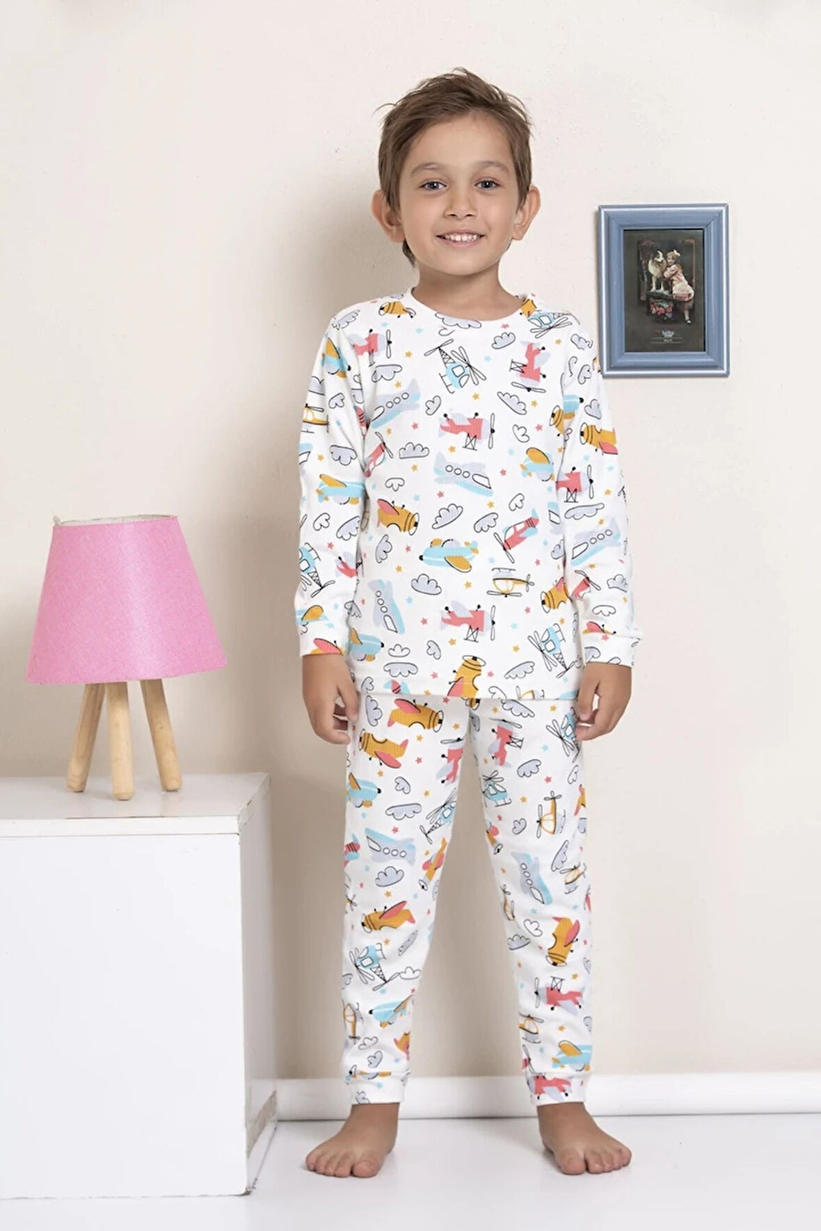 ELMP Ekru Helikopter Desenli Fitilli Kumaş %100 Pamuk Erkek Çocuk Pijama Takımı 1-13 Yaş 3051