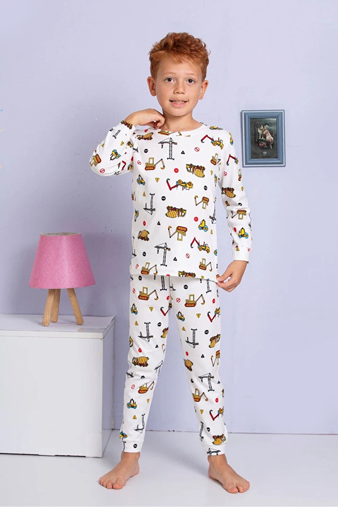 1+1ELMP Ekru İş Makinesi Desenli %100 Pamuk Erkek Çocuk Pijama Takımı 1-2 Yaş 03058