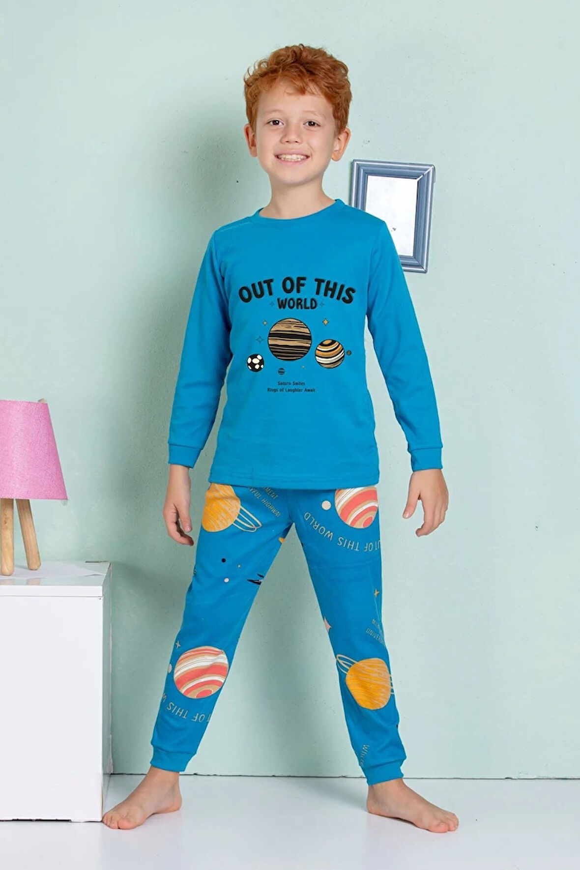 ELMP Mavi Gezegen Desenli %100 Pamuk Erkek Çocuk Pijama Takımı 1-2 Yaş 3064