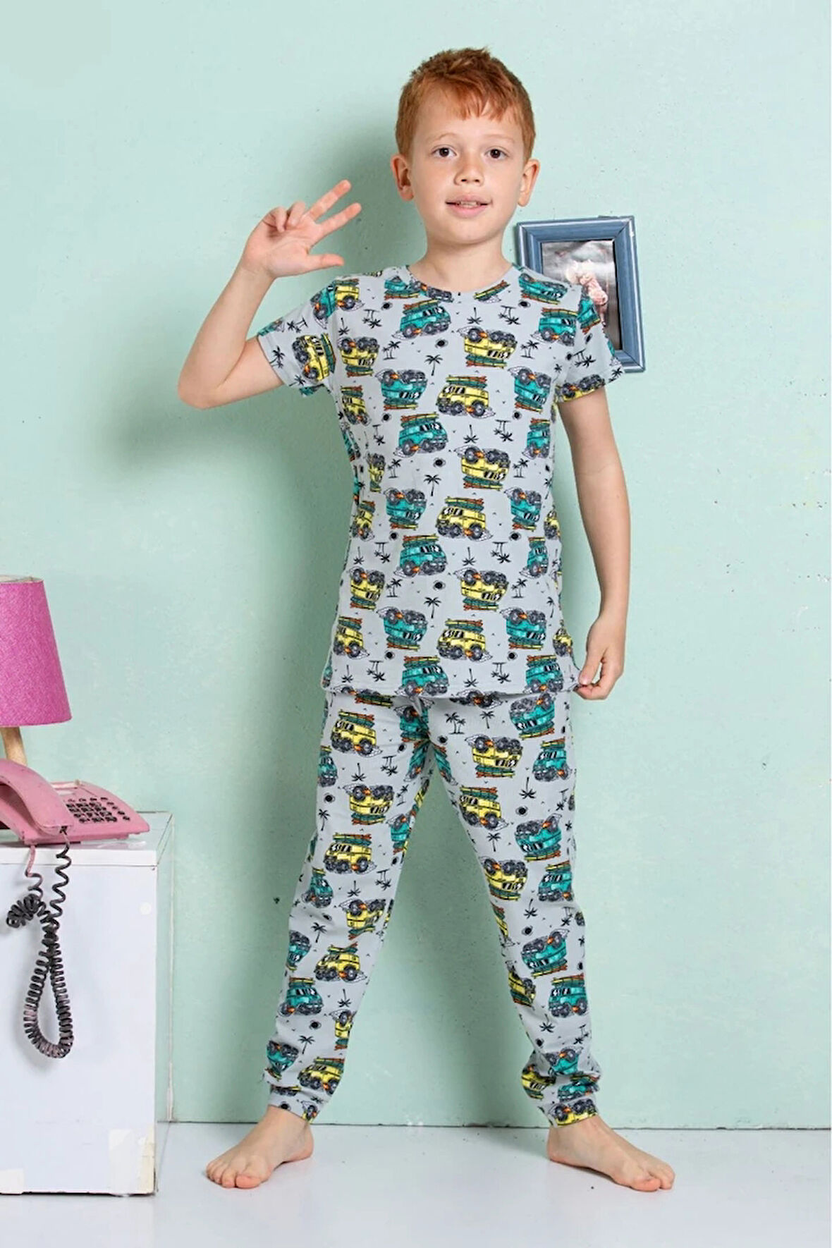 ELMKP Gri Safari Desen Erkek Çocuk Pijama Takımı 3-10 Yaş 3101