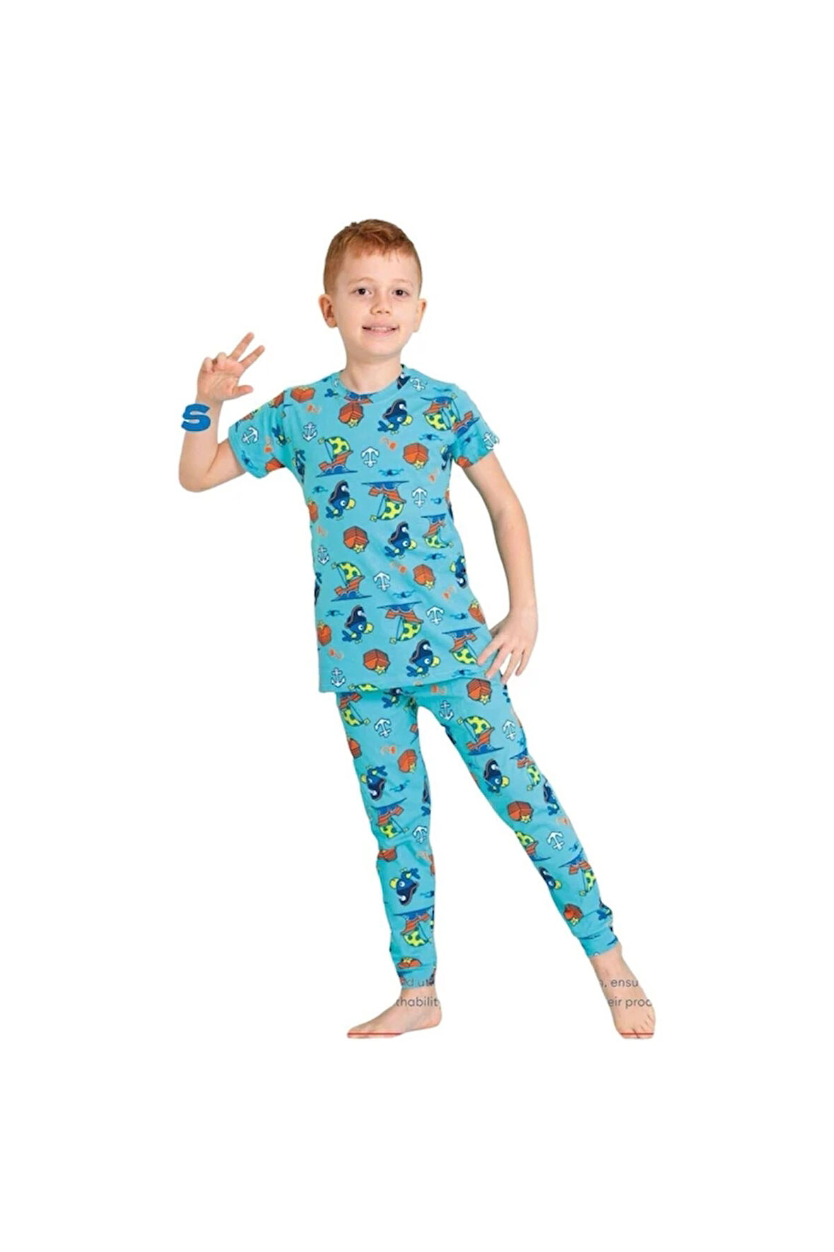 ELMKP Mavi Papağan Desen Erkek Çocuk Pijama Takımı 3-10 Yaş 3102